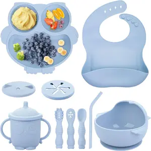 Baby Weaning Set, Silicone Baby Feeding Set(10 Pcs), Toddler Weaning Set with Adjustable Bib, Suction Bowl, Plate, k, Spoon, Water & Snack Cup Kit, Baby Led Weaning Kit  Babies and Kids