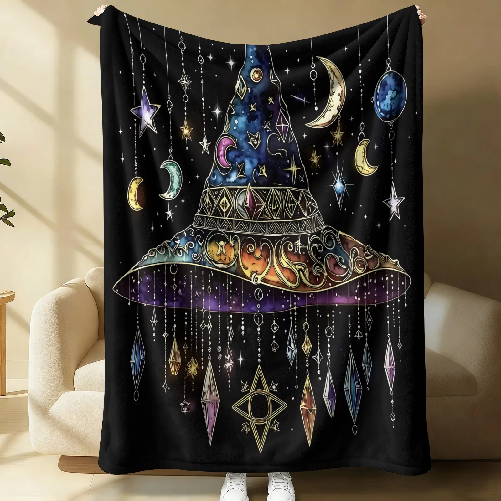 Dark Celestial Witch Hat Crystal Art Plush Blanket, Multi-Scenario Sofa Couch Bed blanket cover for Bedroom, Yoga, Road Trip, Reading Nook, Anti-Pilling Warm Throw, Witchy Astrology Home Decor Present