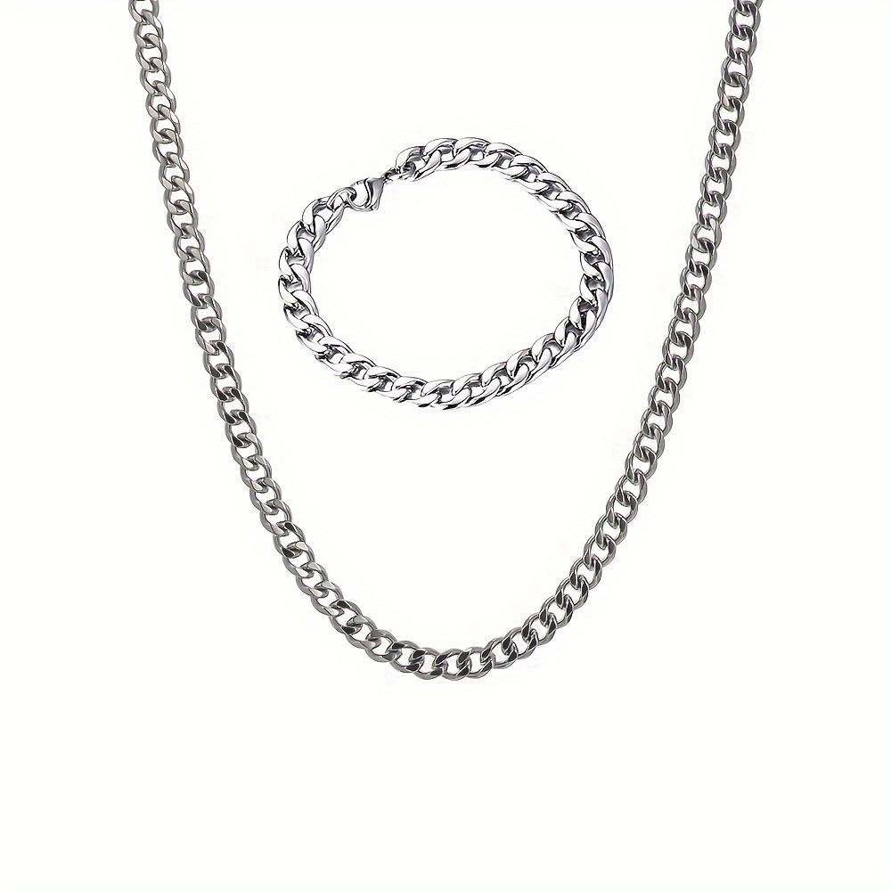 Men's 2-Piece Stainless Steel Jewelry Set - Classic Cuban Necklace, Hip Hop Punk Rock NK Chain Bracelet, Men's Jewelry, Male, Casual