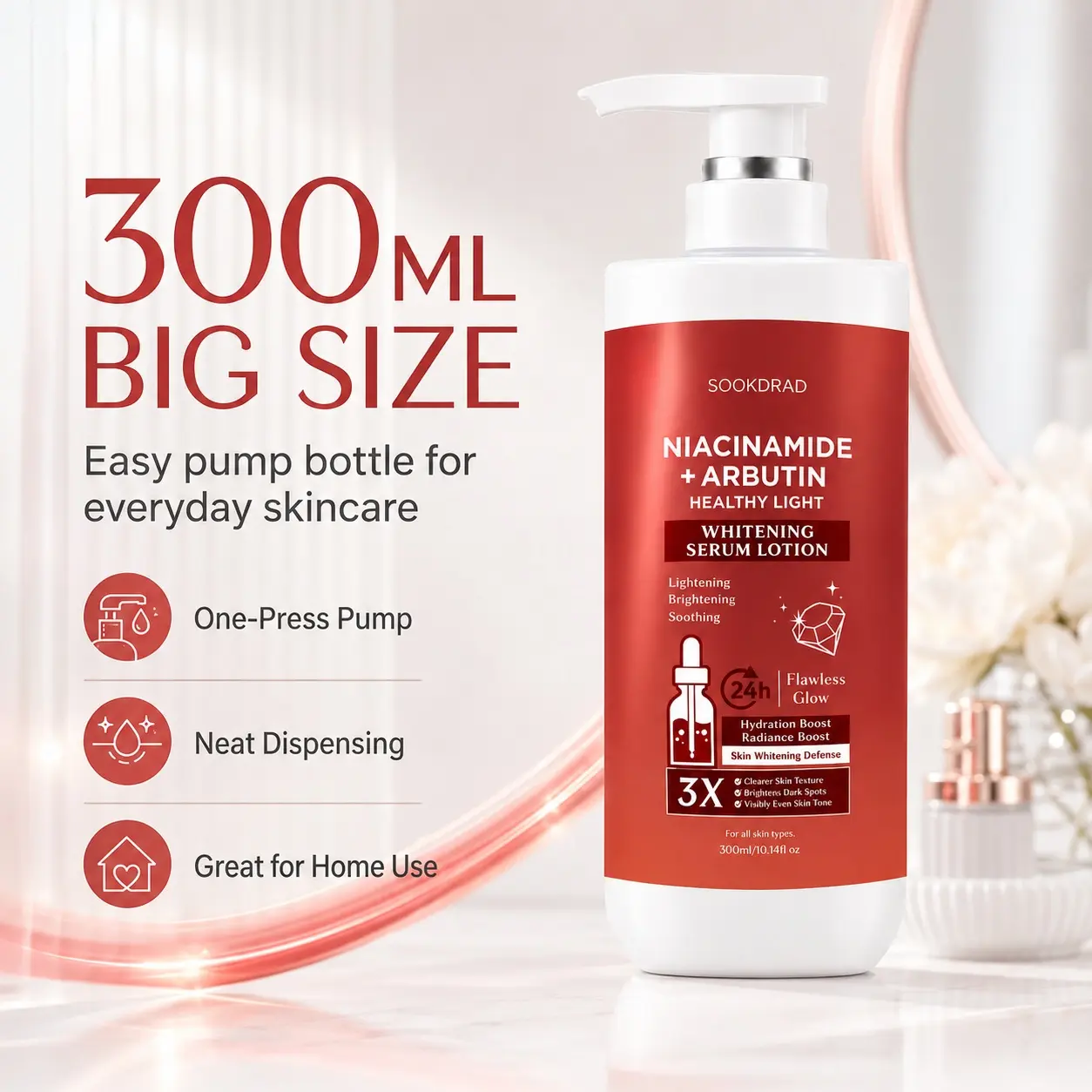 Whitening Serum Lotion, niacinamide, arbutin, lightening, brightening, soothing, hydration boost, radiance boost, skin whitening defense, clearer skin texture, brightens dark spots, visibly even skin