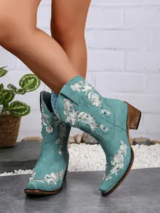 New American Retro Western Boots, Western Style Boot, Heavy Floral Embroidery Rivet Cowboy Boots for Women, Square Toe Thick Heel Mid-Calf Boots