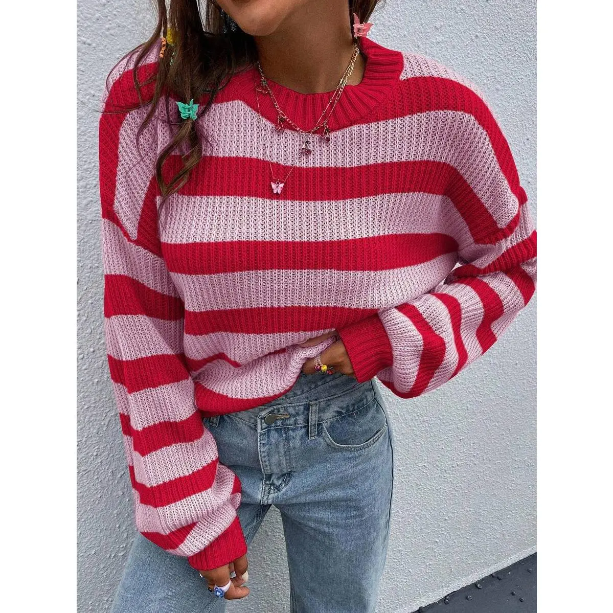 EMERY ROSE Women's Red Striped Autumn Oversized Everyday Sweater,Casual Loose Fit Drop Shoulder Colorblock Pink Striped Jumper,Balloon Sleeve Pullover Sweater
