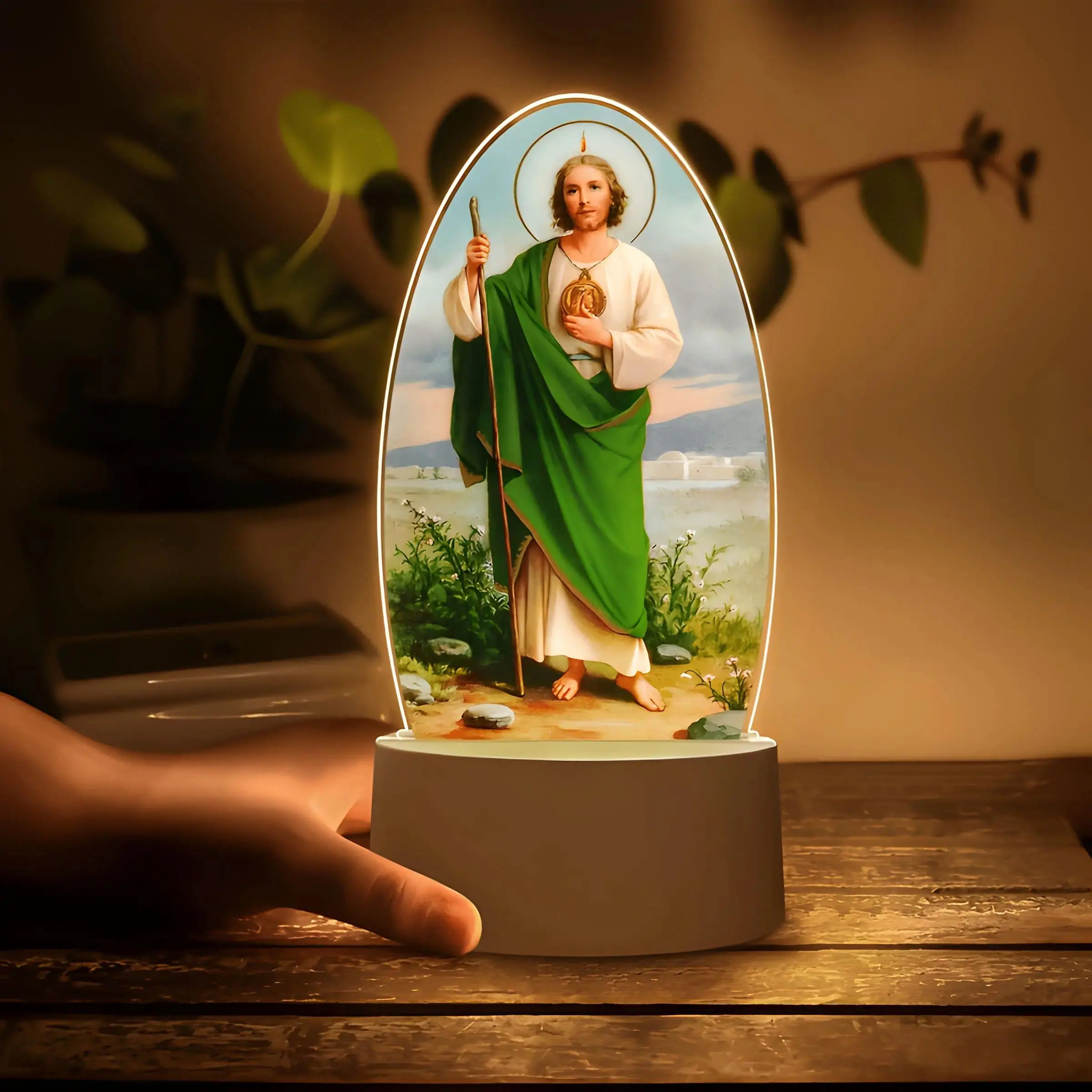 St Jude Acrylic LED Night Light - Soft Pattern Plaque, Warm Base, USB-Powered Bedside Lamp for Home Decor, Bedroom Decor Items, Decoration