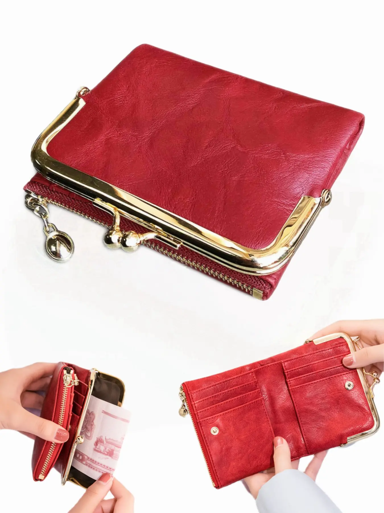 Ladies' Double Fold Wallet, Kiss Lock Coin Purse, Multifunctional Zipper Card Bag Wallet, Can Hold Cards, Coins, Large Bills, Multiple Colors To Coose From, Safe And Fashionable, Suitable For Daily Portable Travel