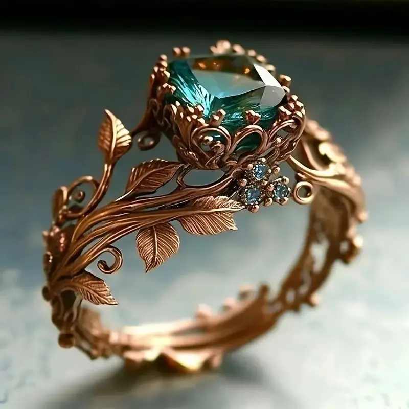Women's Vintage Leaf Ring, Exaggerated Style Female Jewelry with a Prominent Diamond Accent, Unique Alloy Statement Piece, Leaf-Shaped, Gem Accent