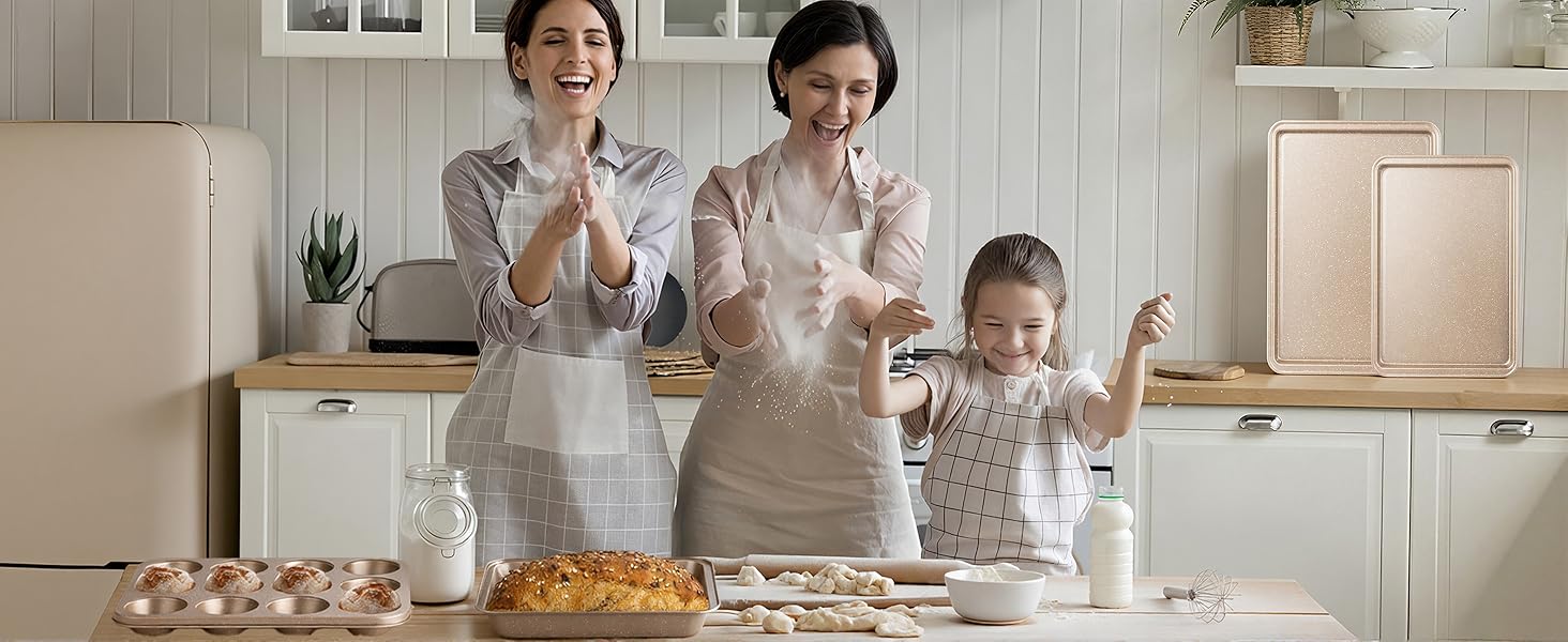 10-Piece Baking Pans Set, Bakeware Sets Nonstick, Baking Set for Oven Cooking, Stackable Carbon Steel Pans Include Cookie Sheets, Muffin , Cake , Pizza , Loaf, Roasting, Gold