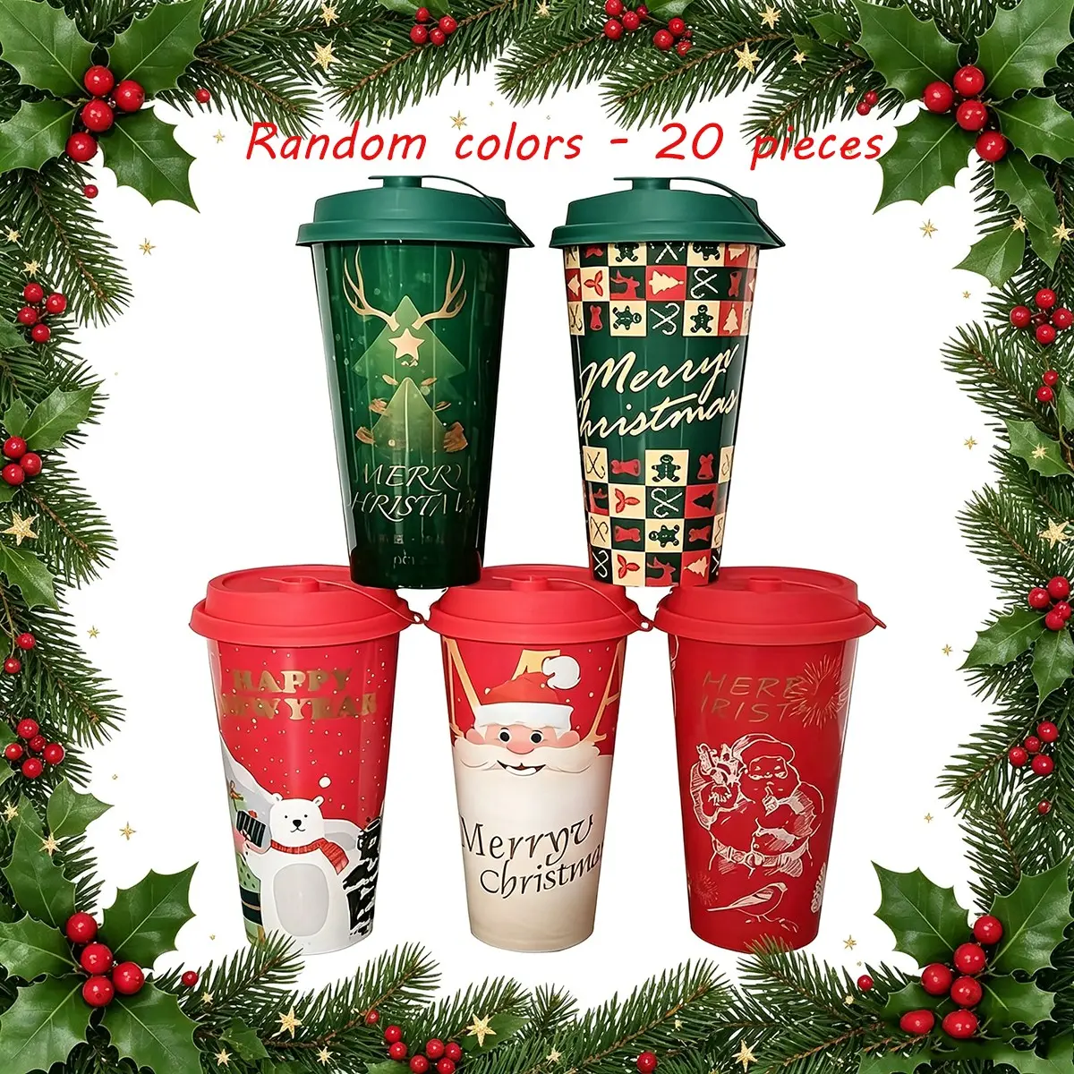 20 Reusable Christmas Cups, 17.6oz (520ML) Santa Tree Design, PP Material, Portable & Lightweight, Perfect for Holiday Parties