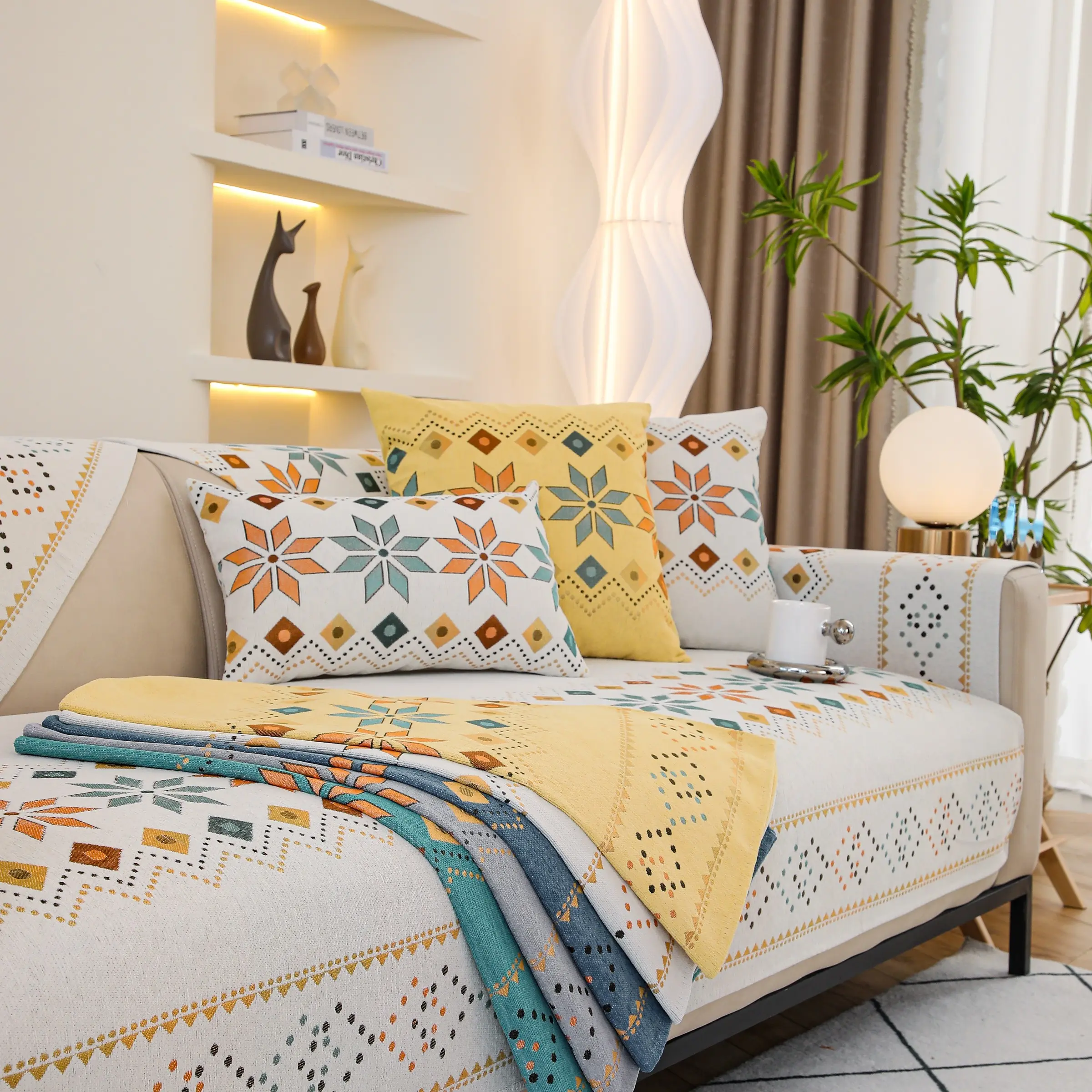 1pc Bohemian Chenille Sofa Cover with Vibrant Geometric Embroidery - Pet-Friendly, Non-Slip, Durable Couch Slipcover Machine Washable, Fits All Sofa Sizes from Single to Four-Seater - Adds a Pop of Color to Your Living Room Decor, Couch Covers
