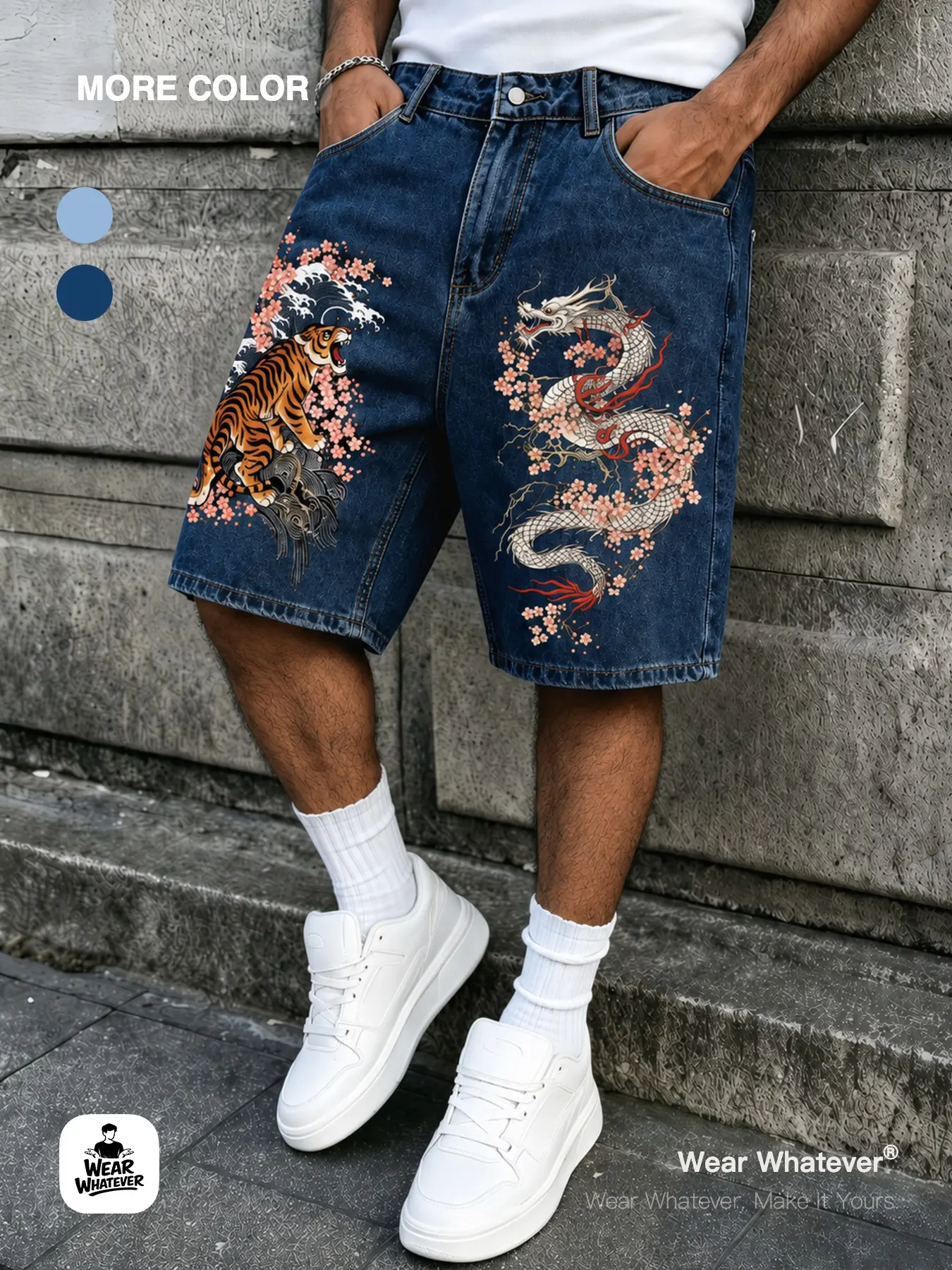 Wear Whatever Unisex Washed Denim Bermuda Shorts, Dragon Tiger Graphic Print Loose Baggy Jean Shorts with Cherry Blossom Art Design for Men Women Streetwear, Casual and Festival Looks