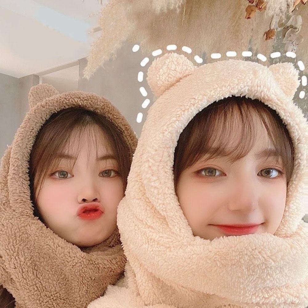 Sweet 3 in 1 Bear Ear Plush Beanie Thickened Ear Protection Plush Scarf Hat Gloves Earmuffs Warm Fleece Scarves Hat Girl
