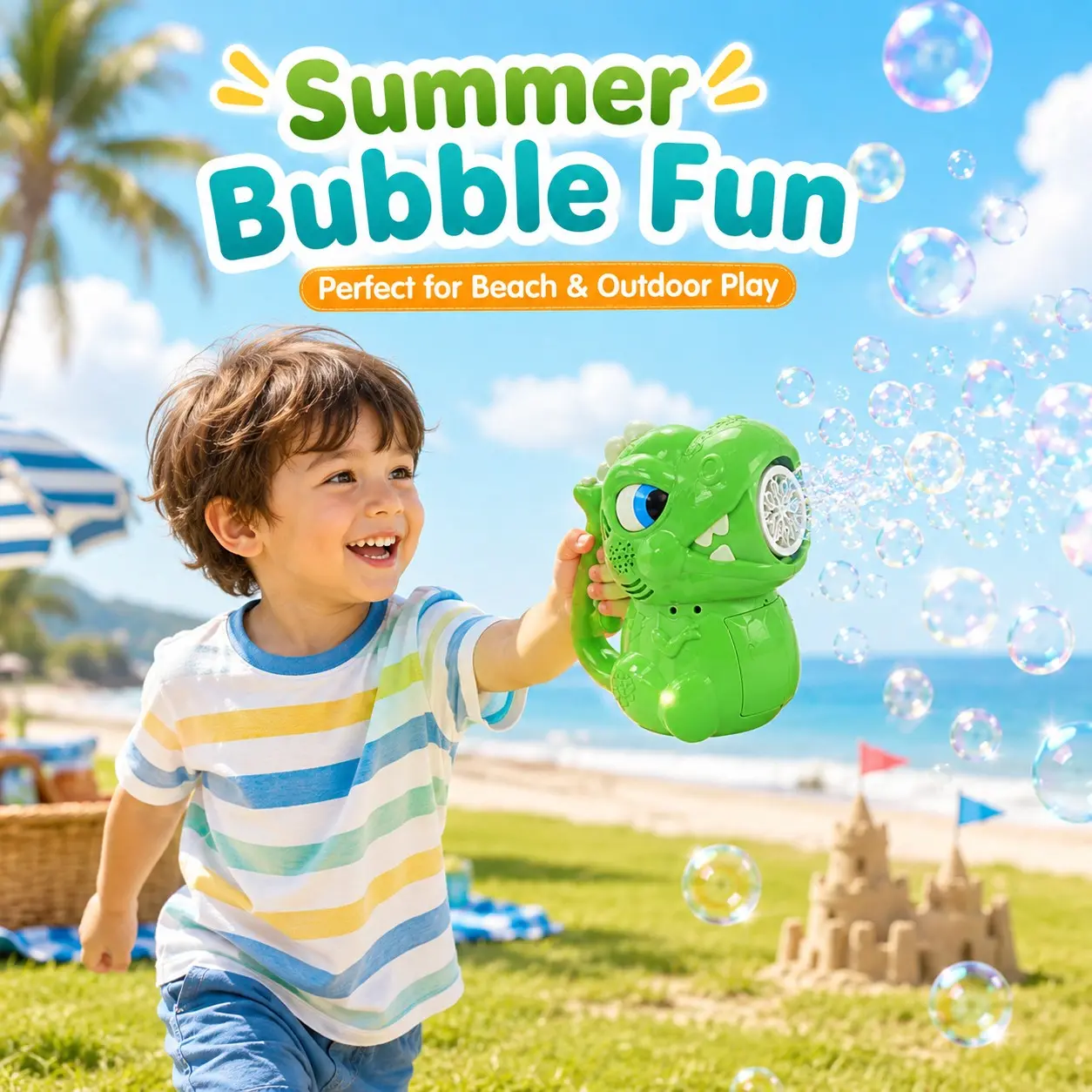 Cute Dinosaur Bubble Machine Toy, Multi-Hole Automatic Bubble Maker with Two Solution Bottles, Outdoor Summer Beach Party Gift for Kids Aged 3+