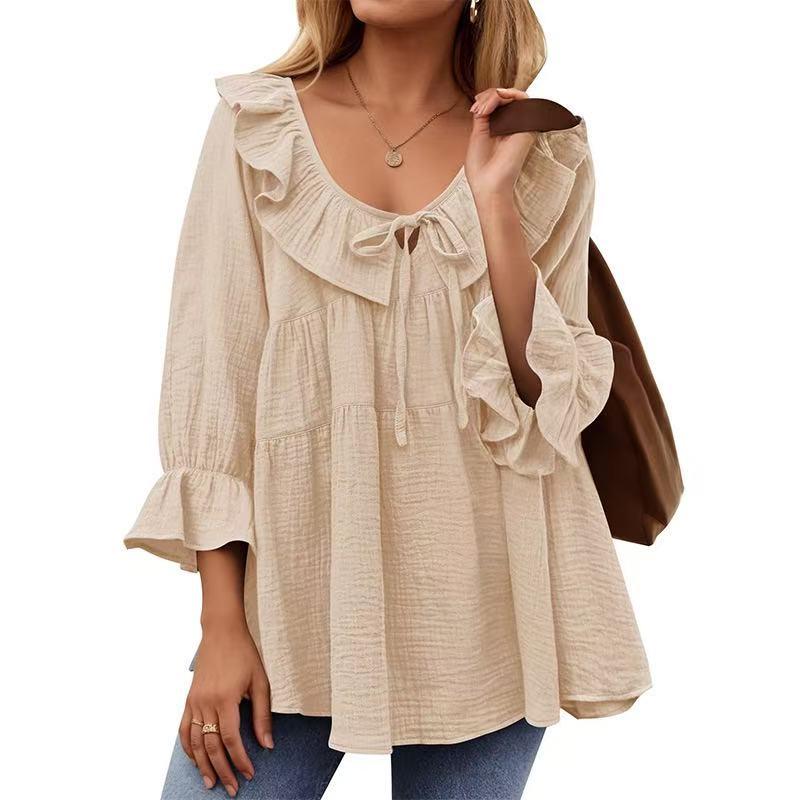 Women'S Plus Size Elegant Blouse with Ruffle Trim, Tie Front, and Bow Detail - Loose Fit, Long Sleeve, Solid Color, Polyester,  Fabric Shirts