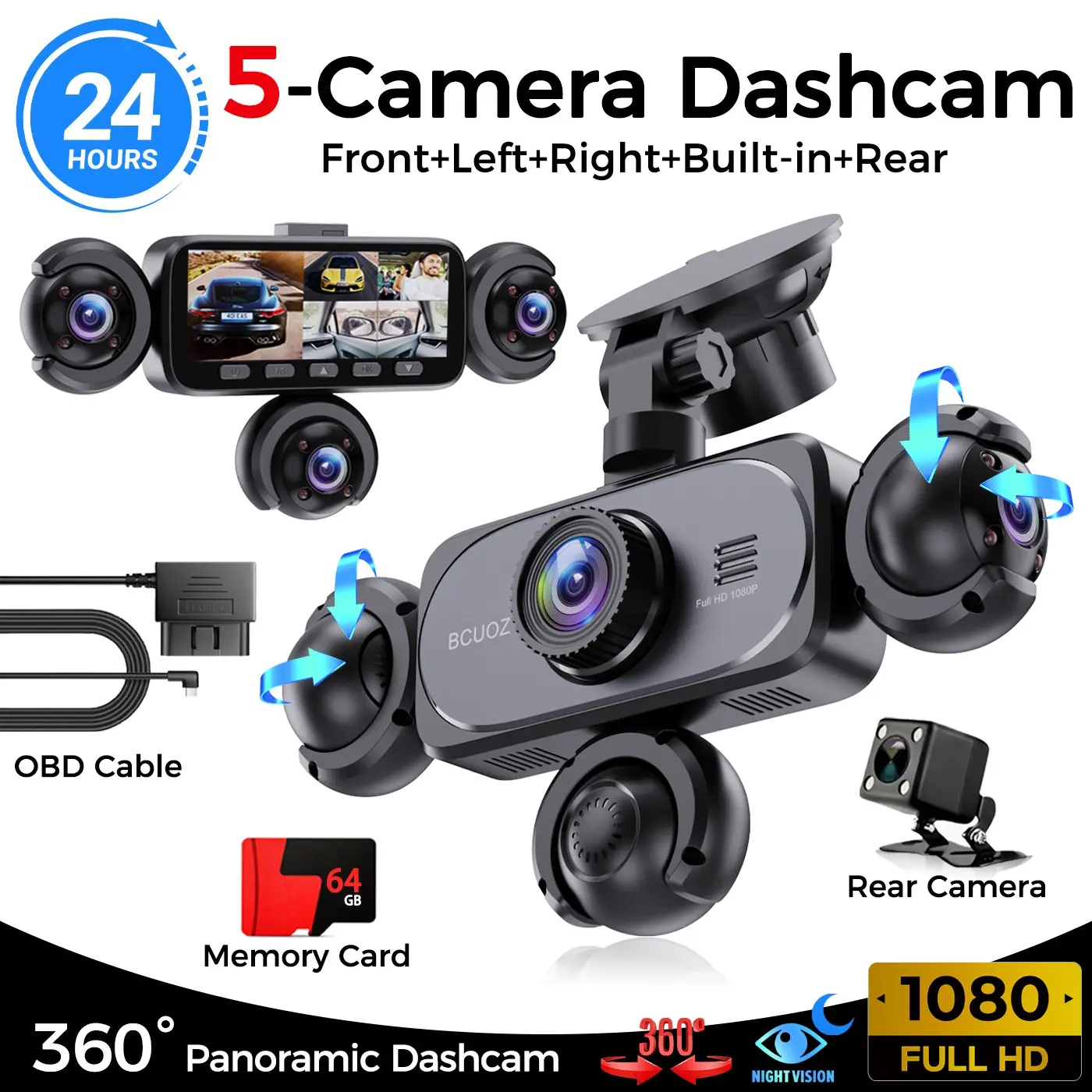 360° Panoramic 1080P Dash Cam Kit, 5 Cameras, 3.16'' Split Screen, Night Vision, 24/7 Parking Monitor, Includes 64GB SD Card/obd Cable