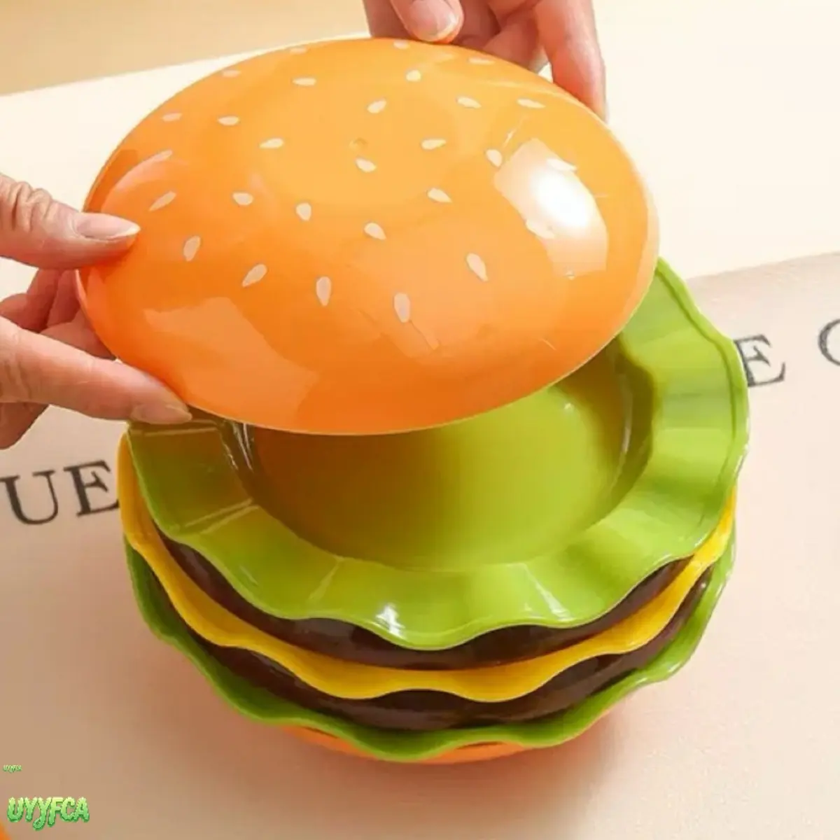 7 pcs Cute Hamburger‑Shaped Stackable Dinnerware Set,7 Multi‑Plastic Snack Plates, Versatile Serving Dishes For Salad, Dessert, Seasoning And Bone Discard For Home Dining, Party And Daily Table Use,Summervibes,back to school,back to school haul