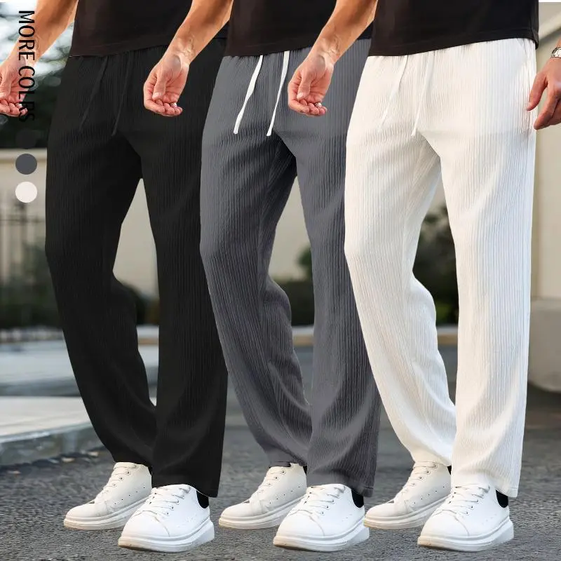 Men's solid color drawstring waist trousers, casual and comfortable long trousers, high-quality straight-leg high-waisted resort-style men's everyday wear bottoms, men's trousers, men's clothing, street style.