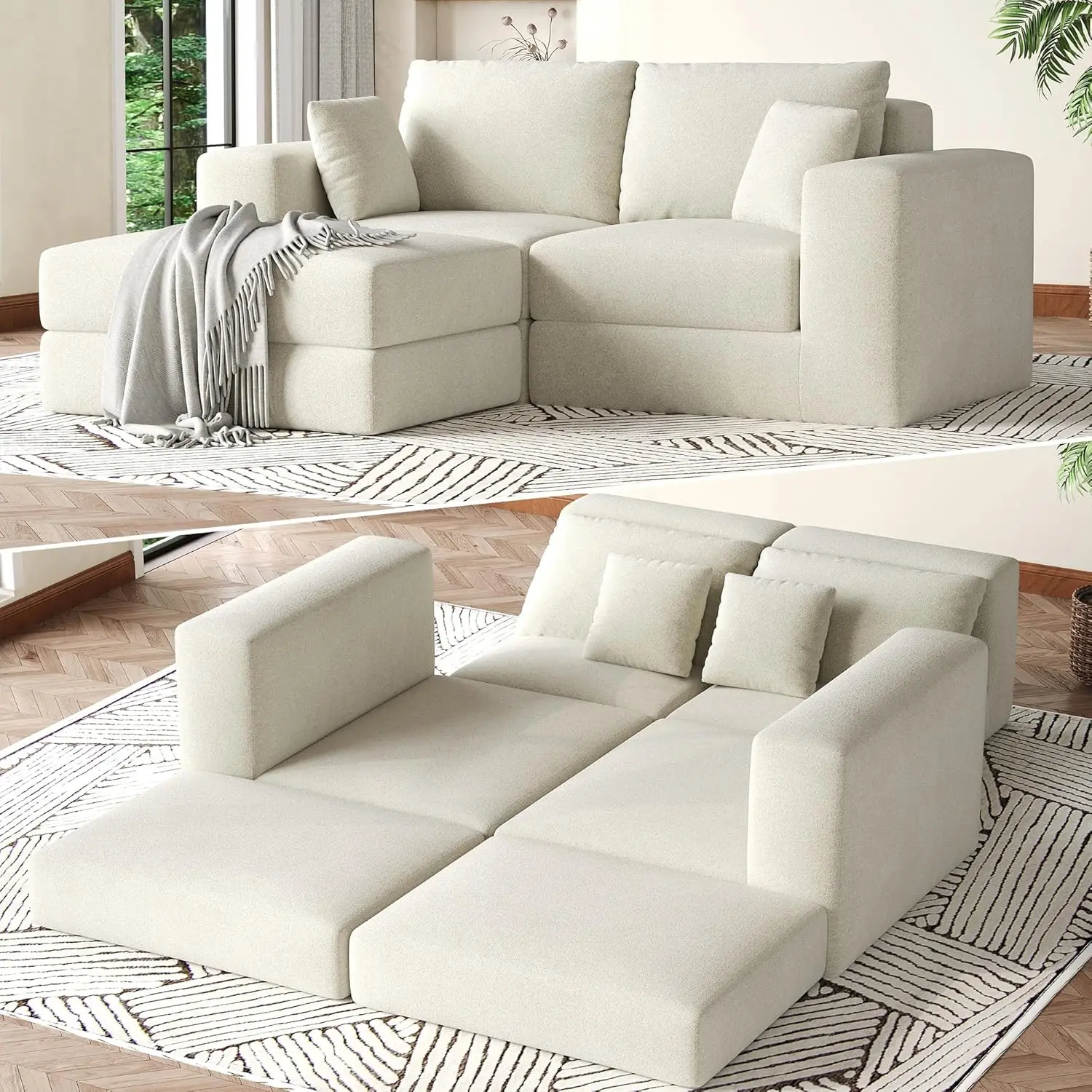 Modular Convertible Sofa, 2-in-1 L-Shaped Sectional & Floor Sofa Bed