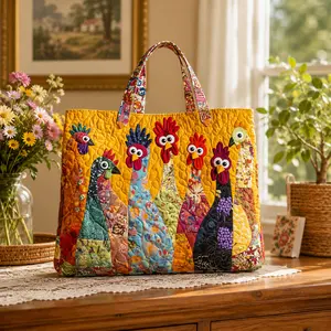 Boho Digital Printed Quilted Tote Bag, Cute Chicken Patchwork Fabric Shoulder Bag, Leisure Commute Handbag for Grocery, Travel & Birthday Gifts