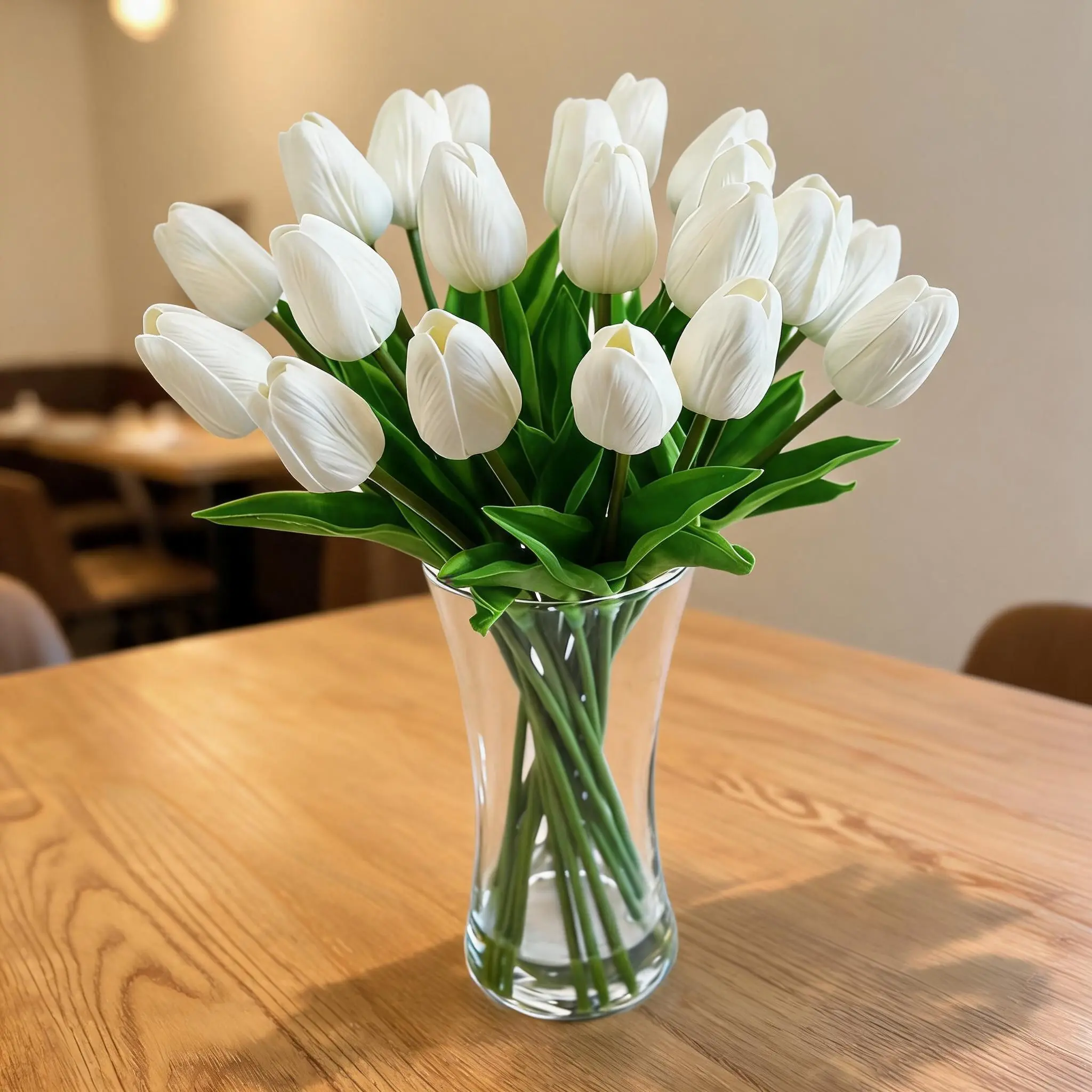 Lifelike Real Touch Pink or White Artificial Tulips in Glass Vase – 20 Silk Flowers with Faux Water – Elegant Home, Office, Table, Wedding, or Centerpiece Décor – Maintenance-Free