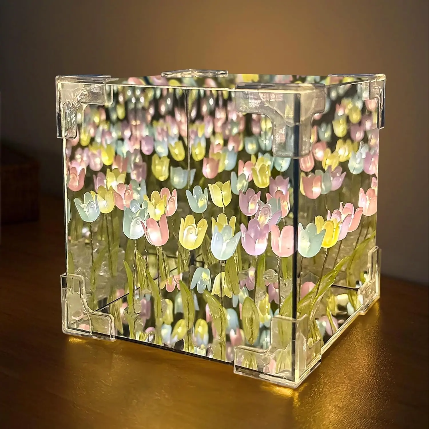 Night Light LED Infinity Mirror Lamp, Birthday Gifts for Women Mom, Tulipanes DIY Finished Poduct Decorations Lights Flower Lamp Bedside Table Lamp  Decor Creative  (Multicolored)