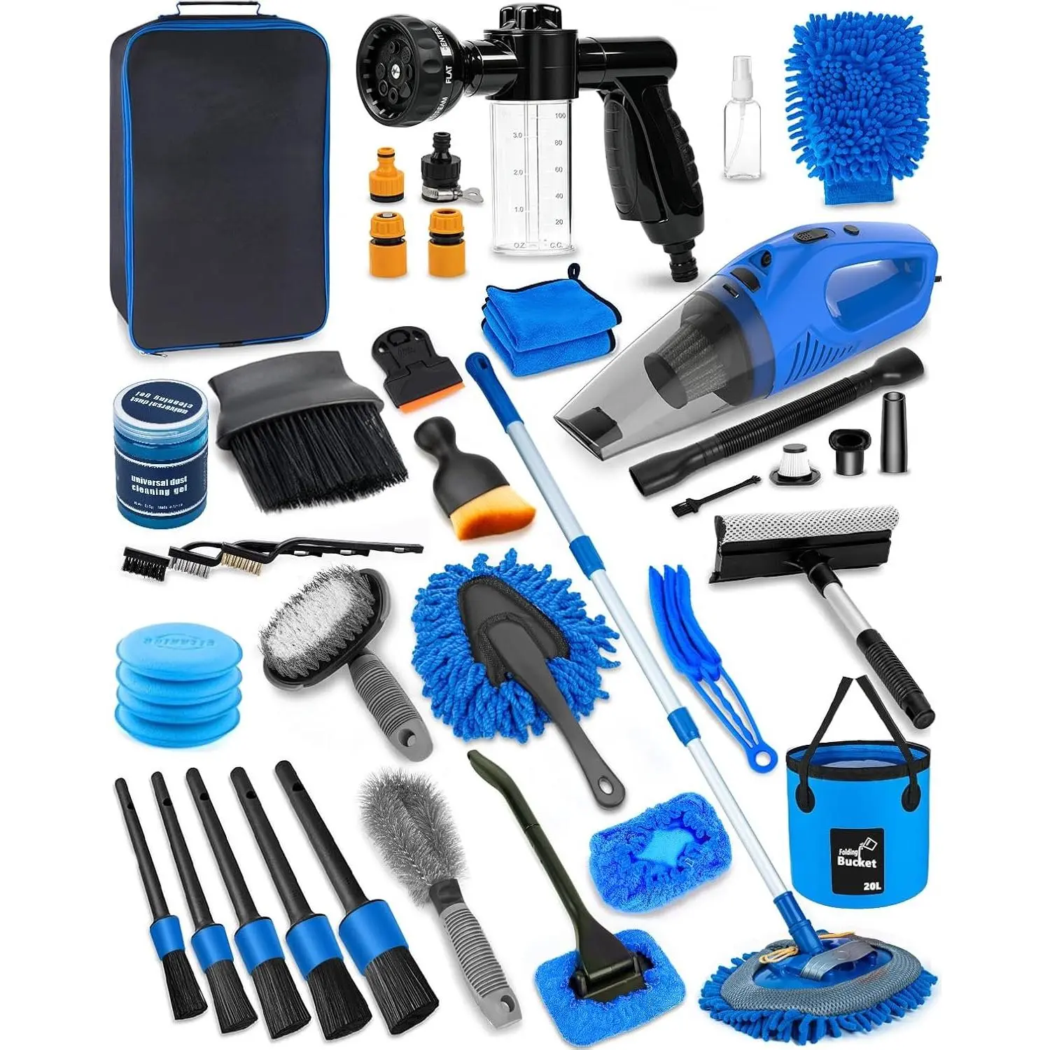 Detailing Kit with   & Vacuum, 41 count  Cleaning Supplies | Complete Wash Kit, 7600PA Corded Vacuum,  Wash Mop, 20L Folding Bucket, Detailing Brush Set for Interior & Exterior, Blue
