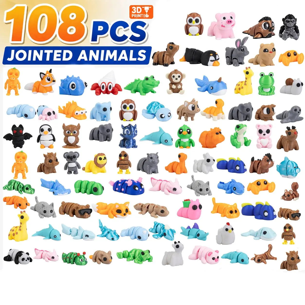 108pcs Mini Animal Collection Set, Multi-Joint 3D Printed Animal Figures Models, Stress Relief Decorative Gifts, Creative Blind Box Collectible Gifts