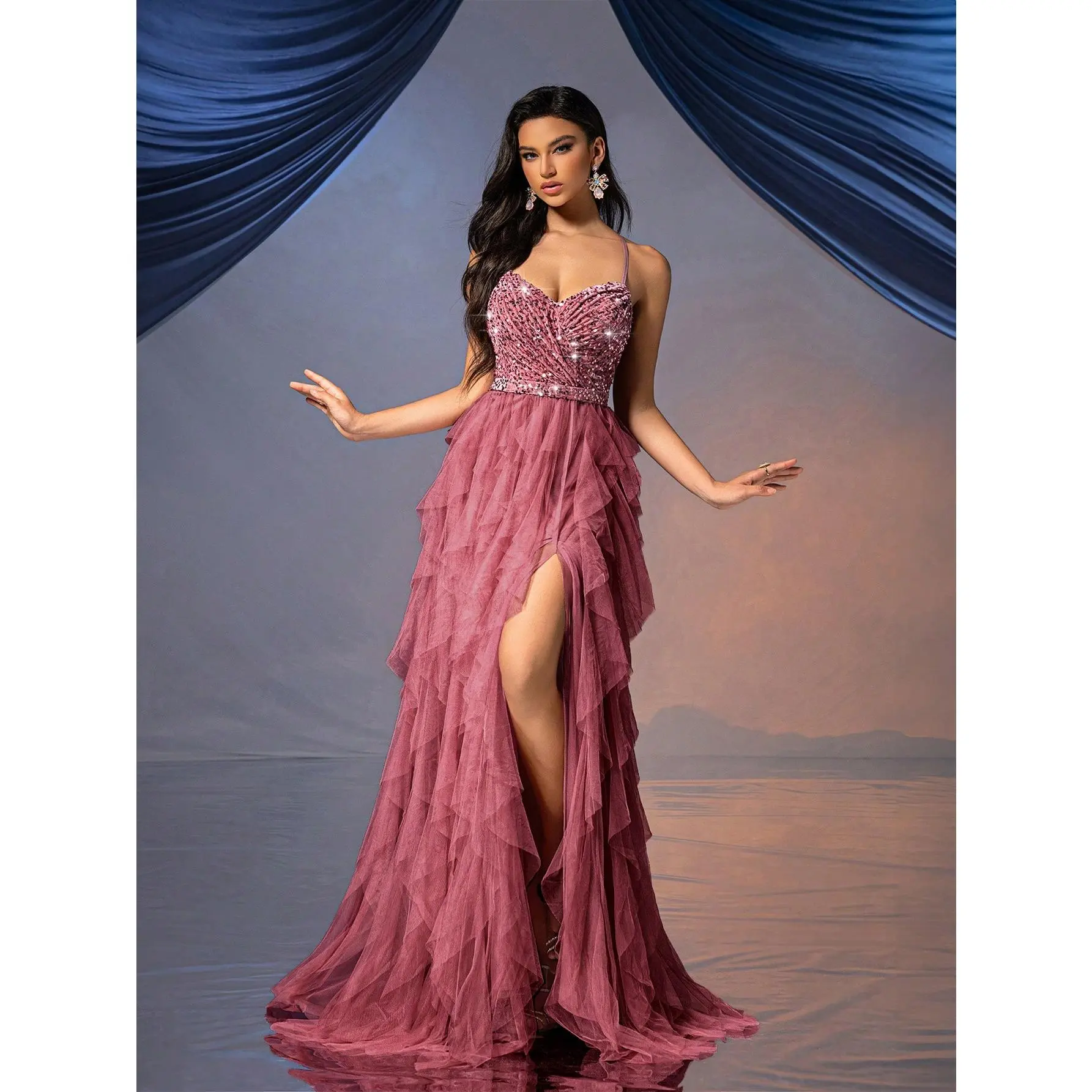 Women's Thin Strap Sweetheart Cross Back Sequined Ruffle Tulle A-Line Maxi Gown, High Slit Polyester Formal Dress For Prom & Wedding Guests