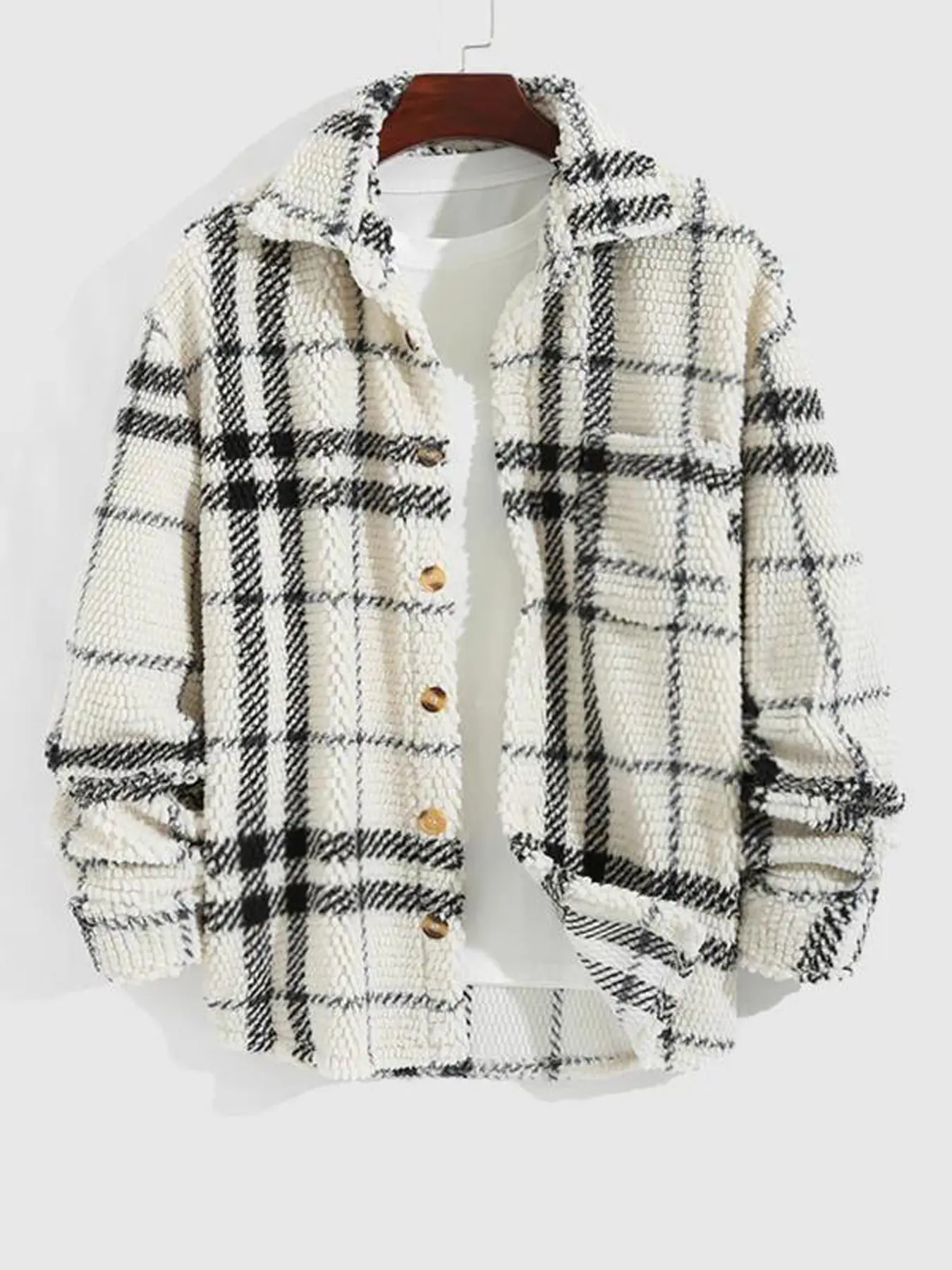 Men's Casual Fall & Winter Coat, Comfortable Knit Plaid Shirt Jacket with Buttons, Long Fitted Sleeves, Christmas Gift