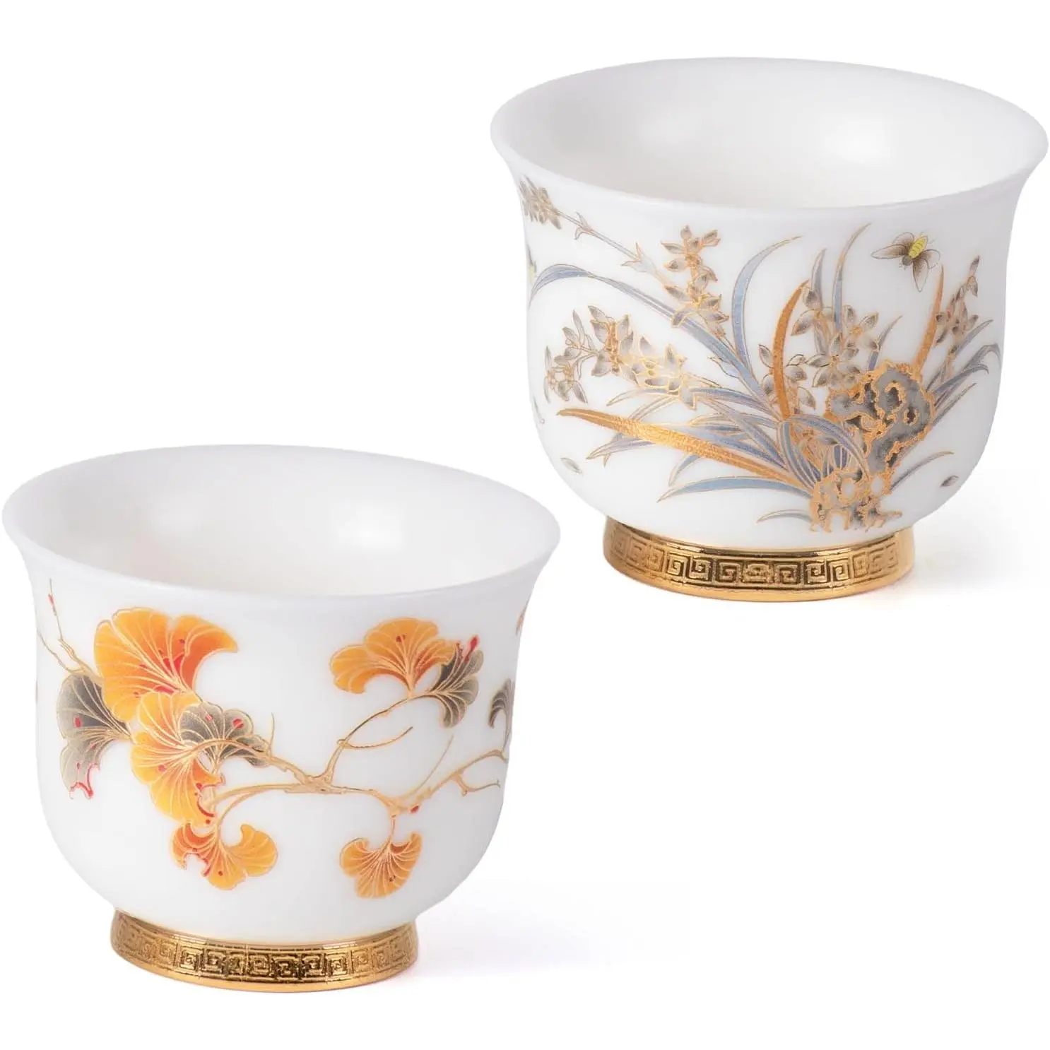 Modern Hand-Painted Ceramic Teacups Set - 2 Pieces (3.9 fl oz), Chinese Porcelain Drinkware for Lovers, Party Use, Coffee & Dessert Serving (742N)