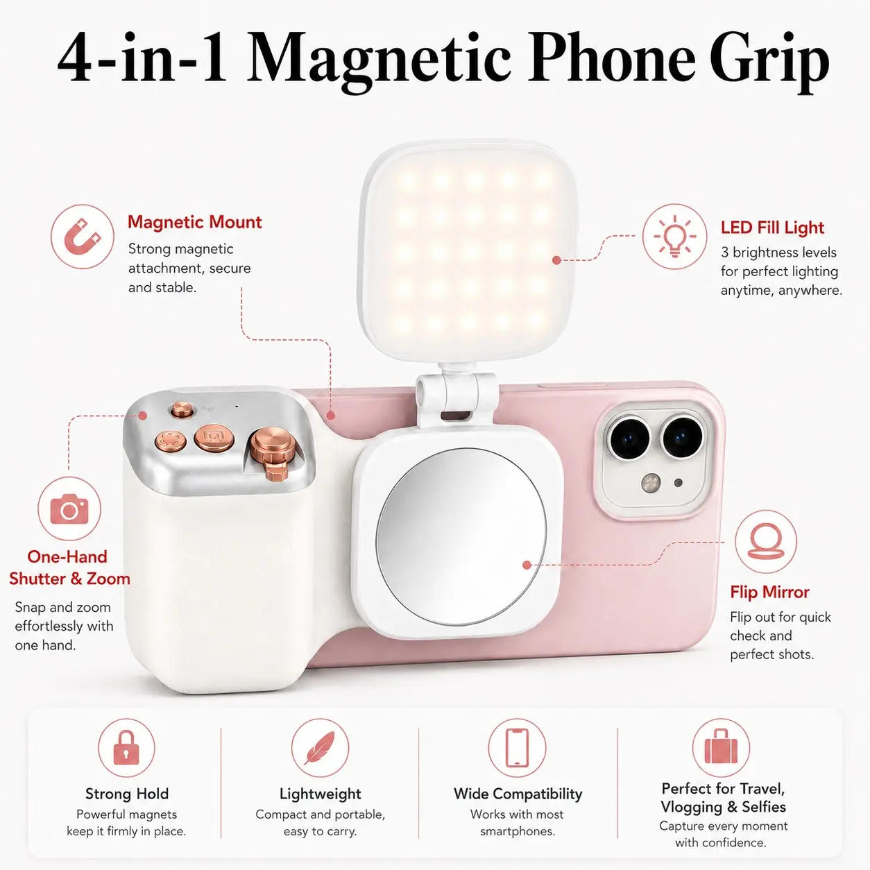 Magnetic Phone Camera Grip with Remote Shutter, Handheld Vlogging Handle, Zoom Control Grip Stand for Photo Video Shooting