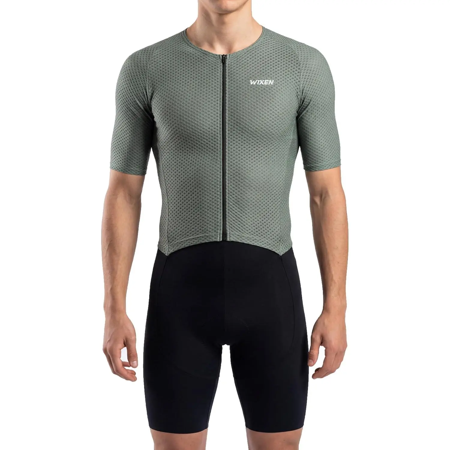 WIXEN Men’s Premium Short Sleeve Minimalist Triathlon Suit - Padded Aero Panels, Mesh Fabric, Full Zipper Athletic Outfit for Swim Bike Run, Quick-Dry Performance Skinsuit