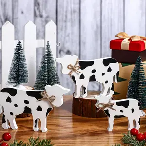 3 Pcs Wooden Cow Table Decorations Spring Farm Figurines Farmhouse Cow Signs Rustic Country Tiered Tray Decor Western Tabletop Centerpiece for Kitchen Desk Shelf (Classic Style)
