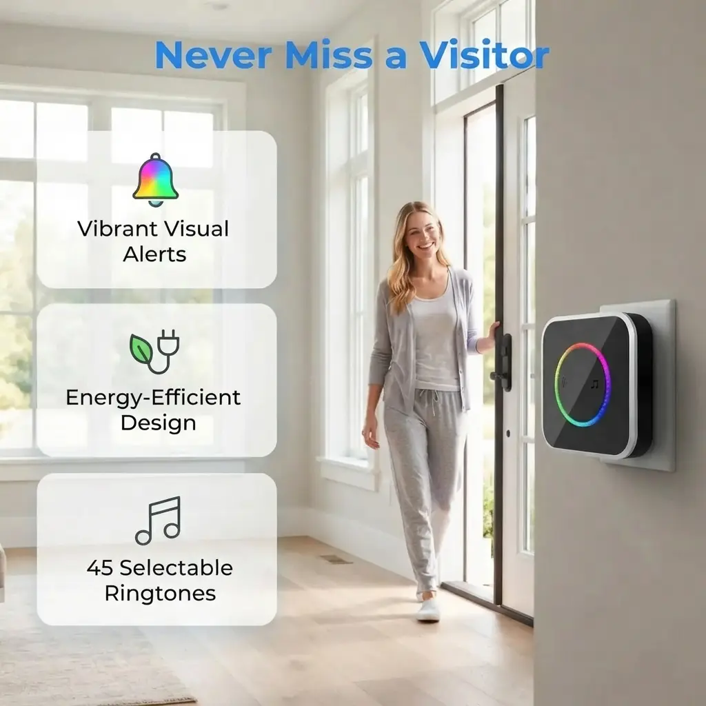 Wireless WiFi Smart Doorbell Chime Kit,1000Ft Long Range Waterproof Receiver,45 Chimes Adjustable Volume Colorful LED, Easy Install for Home & Office, Black