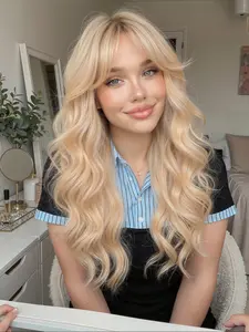 Blonde Long Curly Wavy Synthetic Wigs with Air Bangs for Women Heat Resistant Natural Hairs Wig Perfect for Daily Cosplay Wear