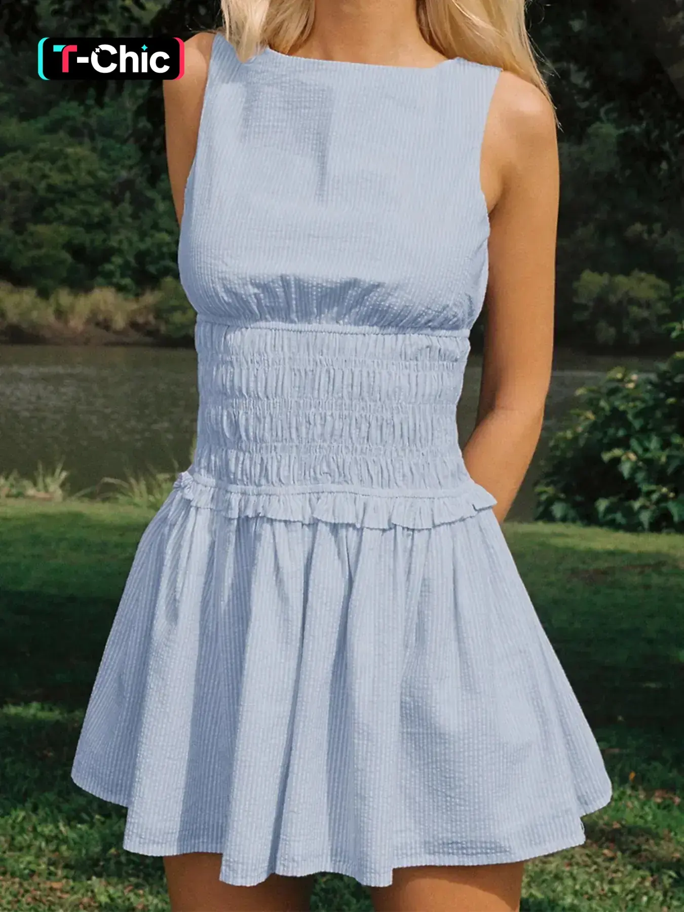 Women's Striped Print Keyhole Neckline Dress, Casual Comfy Chic Fitted Sleeveless A Line Short Dress for Summer, Ladies Clothes for Daily Wear, Womenswear