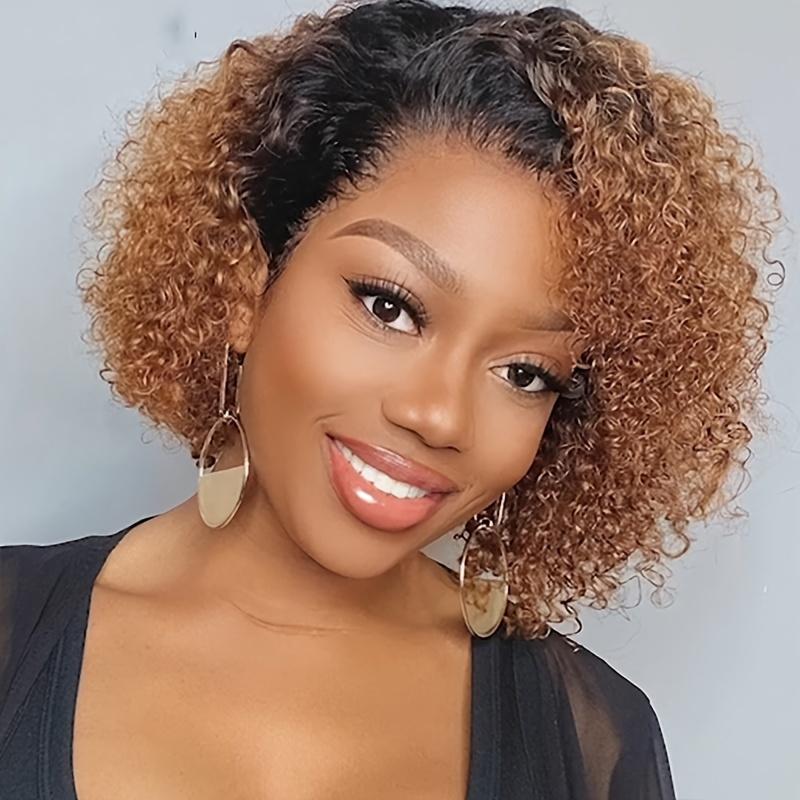 Fashion Brazilian Remy 180% Jerry Curly Short Pixie Bob Cut Human Hair Wigs - Highlight Kinky Curly Wigs For Women