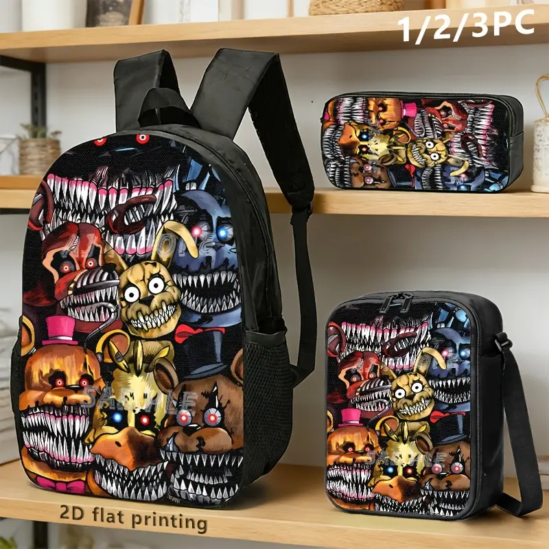 3-Piece Kids Water Resistant Backpack Set, Five Nights at Freddy's Nightmare Animatronics Group Horror Print School Kit Backpack Lunch Bag Pencil Case 600D Oxford for FNAF Game Fans Elementary & Middle School Daily Use