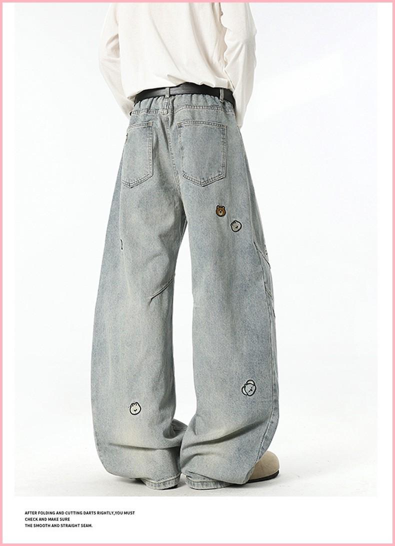 American High Street Trendy Brand Cartoon Embroidered Versatile Distressed Scimitar Pants Wide Leg Pants Straight Jeans