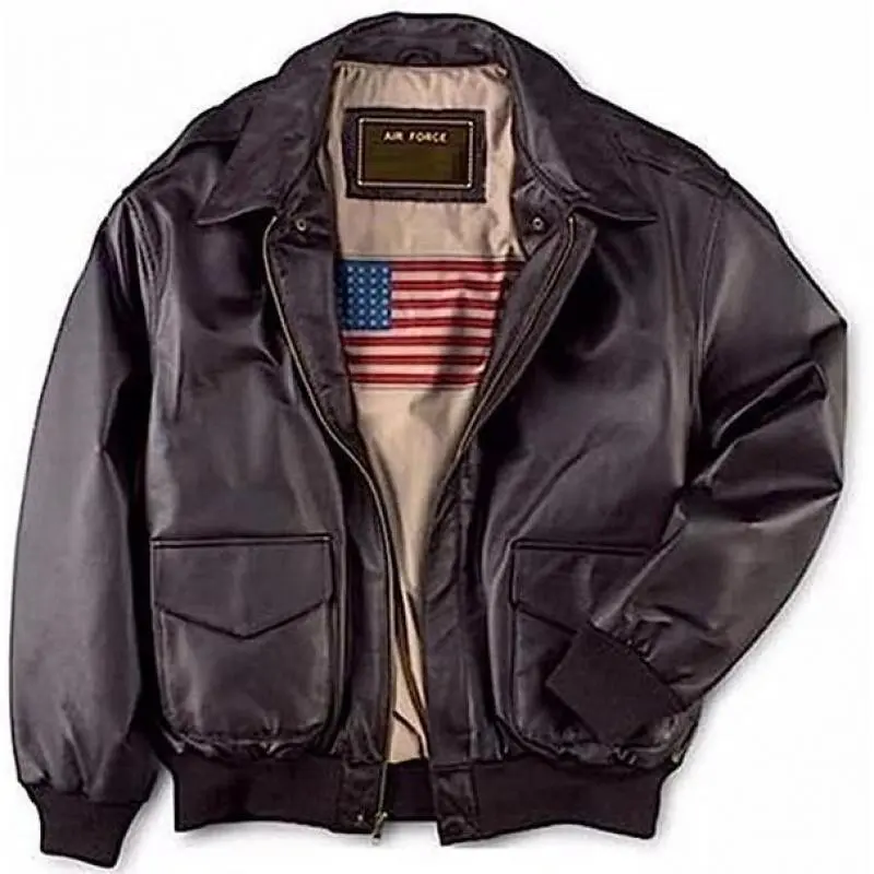 A2 Aviator USA Pilot Flying Bomber Leather Jacket Men's Classic Coats Cotton Lined Polyester Fill Sleeve Tops with Pockets