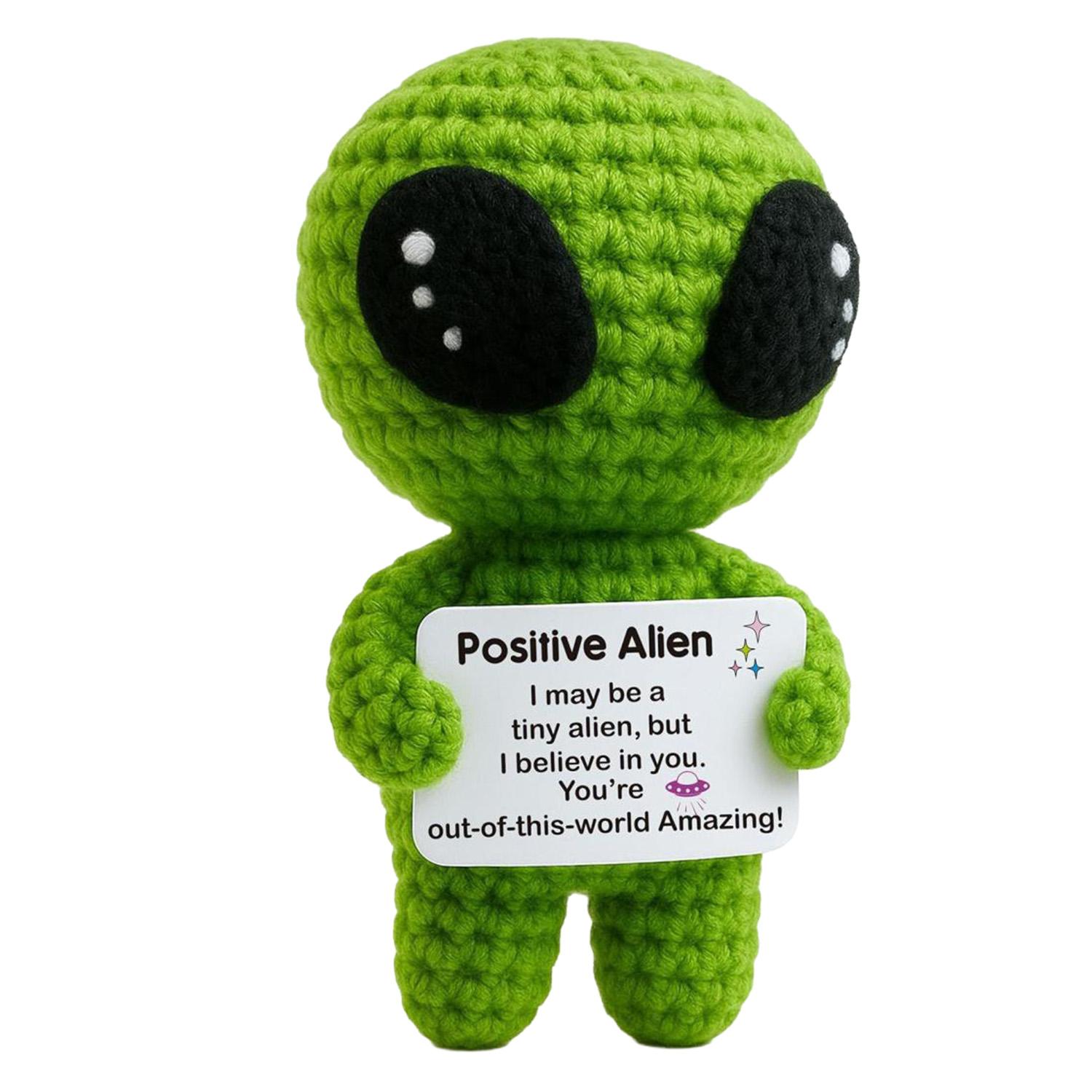 Positive Alien Crochet Plush with Inspirational "You're Out-of-This-World Amazing" Message Card, Handmade Emotional Support Desk Decor, Funny Motivational Gift for Teens Friends Coworkers, Ideal for Valentines, Easter Basket Stuffers, Birthday & Graduatio