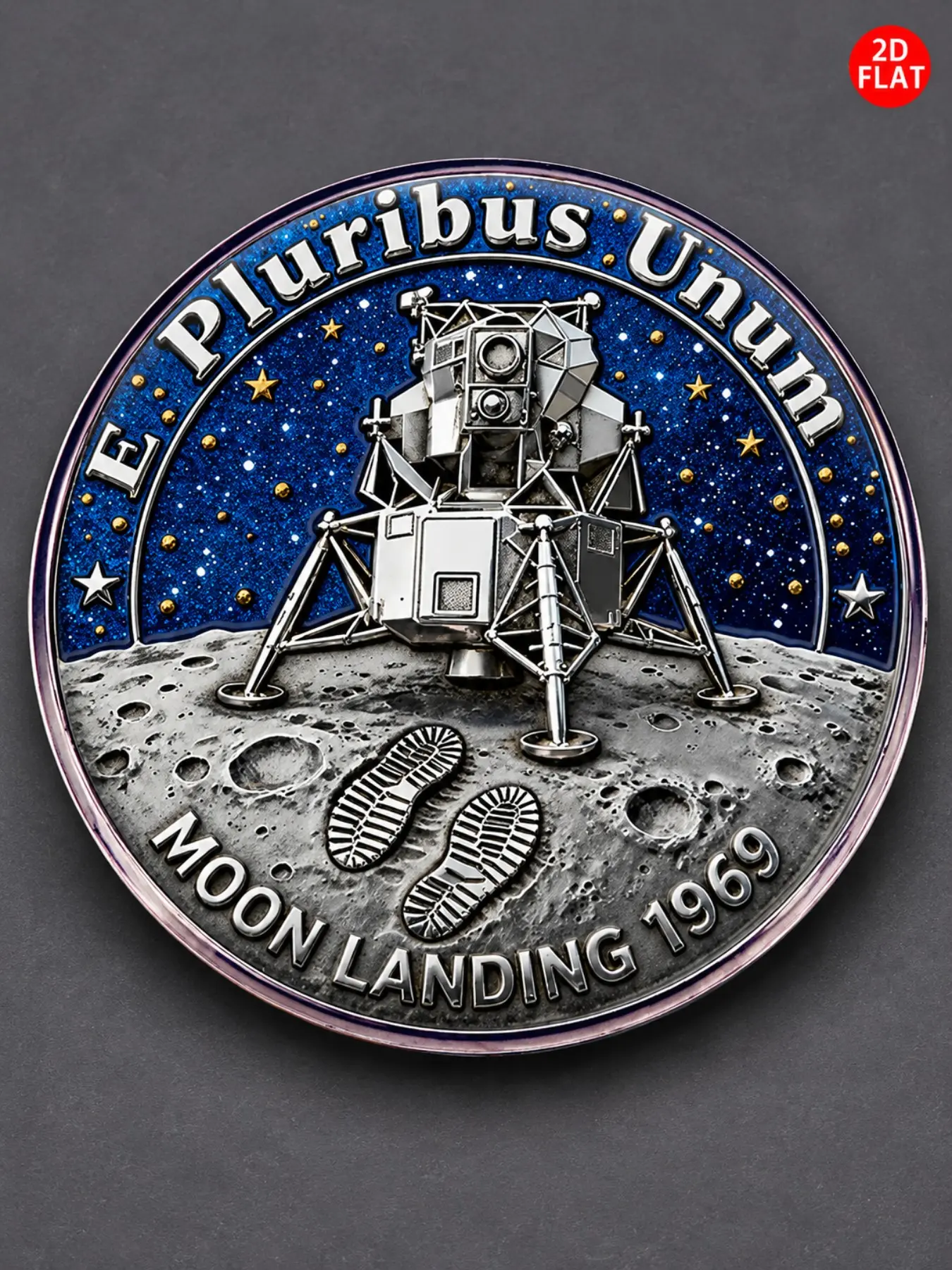 2Dflat,1969 Moon Landing Pin, Apollo Lunar Module Footprint Badge, Vintage Space Collectible, Nasa E Pluribus Unum Theme, Retro Fashion Accessory