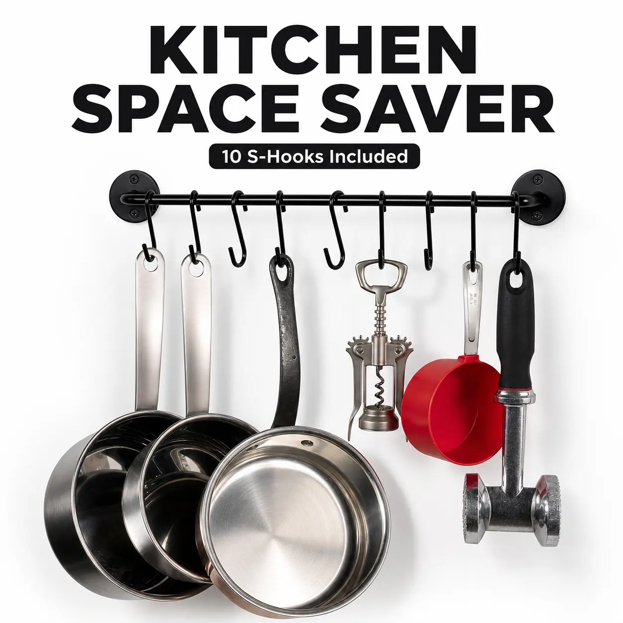 16-Inch Rustic Black Metal Wall-Mount Kitchen Storage Rail Set, Detachable Pot and Pan Hanger with 10 S Hooks and Lid Organizer for Home Organization