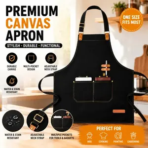 Adjustable Cross-Back Canvas Chef Apron, Heavy-Duty with Spacious Pockets