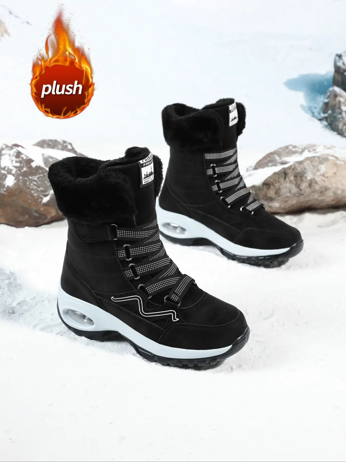 Women's Winter Snow Boots, Magic Tape Closure, Warm Fuzzy Lining, Shock Absorbing Sole, Non-Slip, Comfortable and Practical