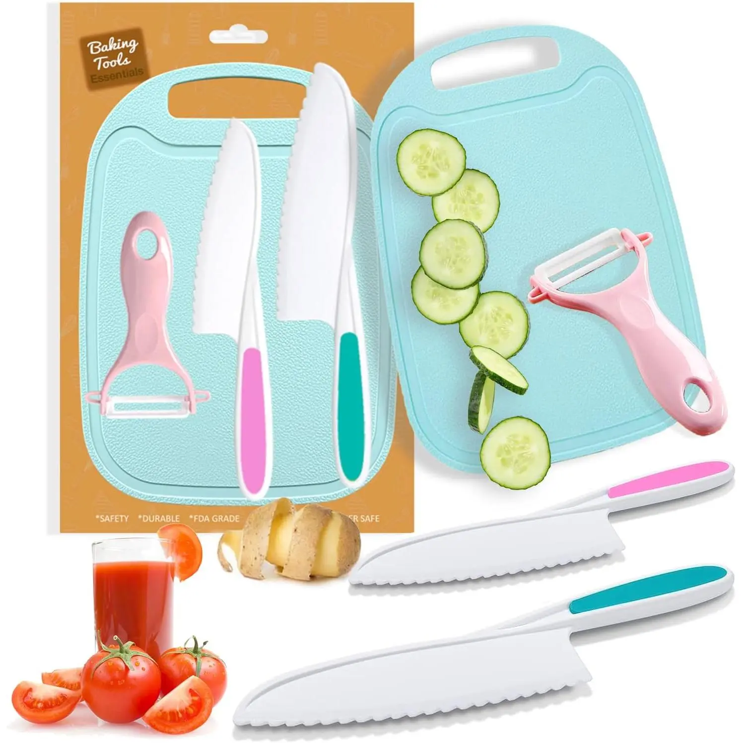 4 Pieces Kids Knife Set for Real Cooking, Toddler Knife Set with Ceramic Peeler for Kitchen, Kids Cutting Board and Safe Plastic Knives for Cutting Cakes, Fruit, Veggies & Bread