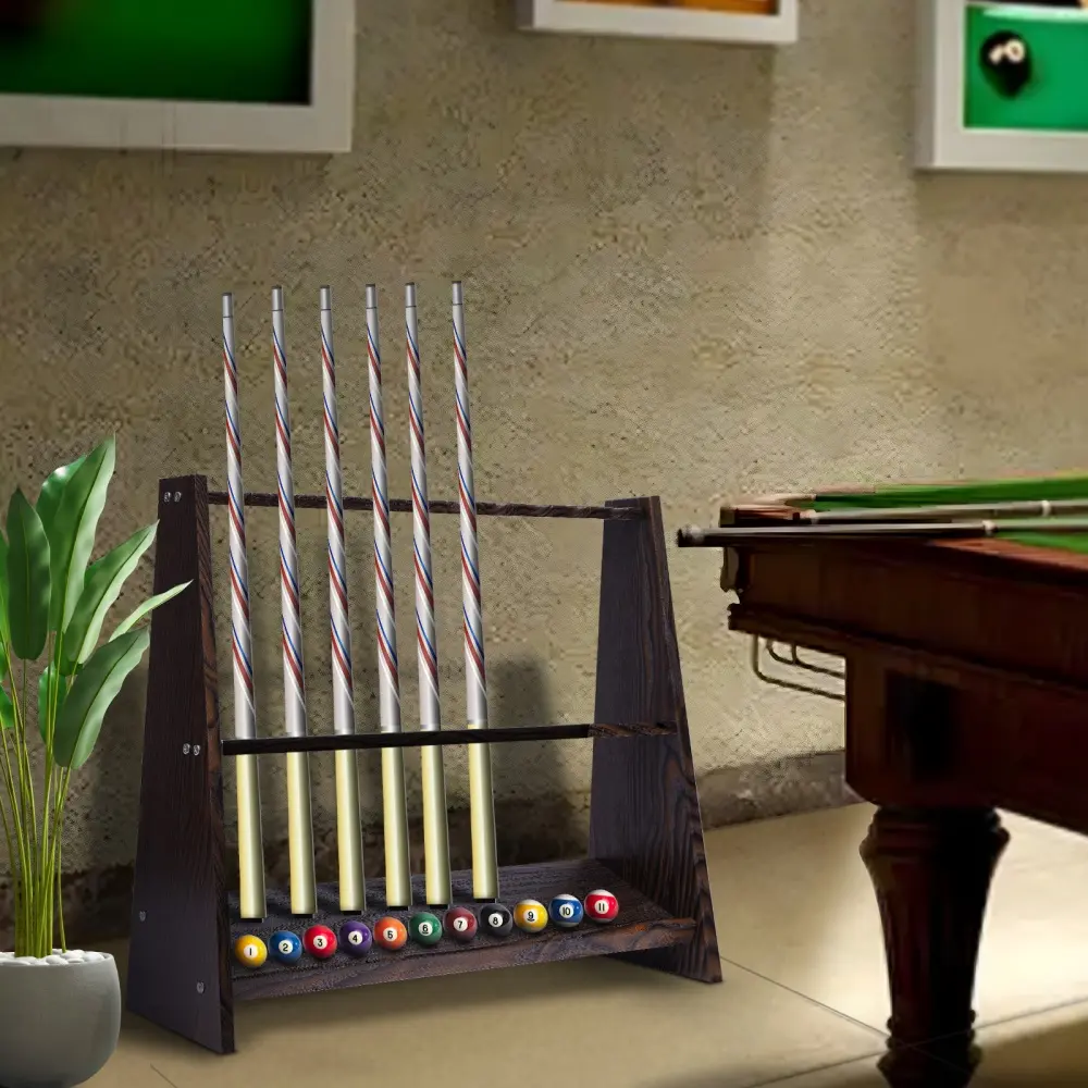 Pool Stick Holder Floor Stand 10 Cue Rack Wood Grain Billiard Room Club Home Bar Living Room Pavilion Entertainment Party Business Sports Venue Easy Assembly