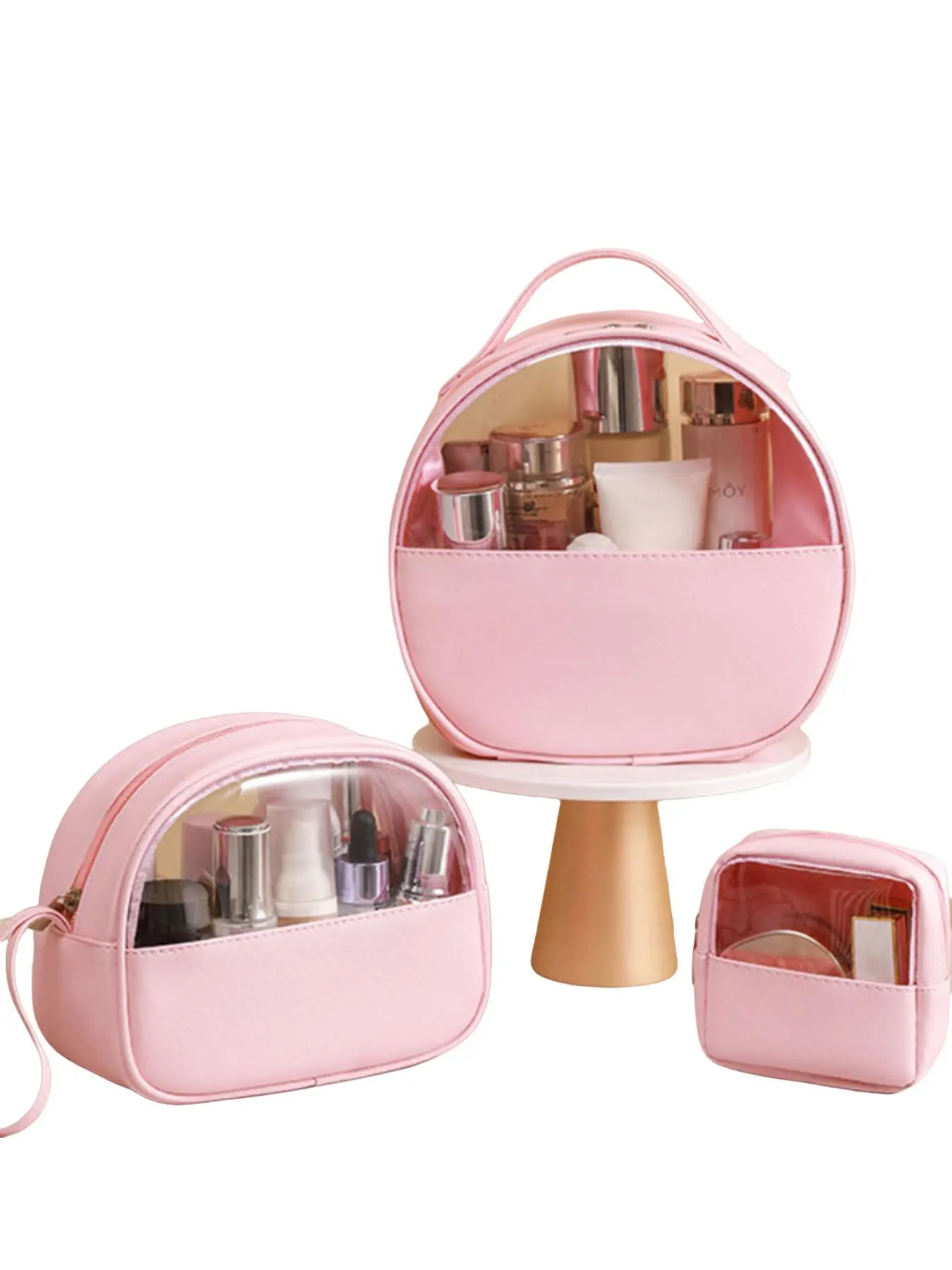 3-Piece Set Semi-Circular PU Waterproof Makeup Bag, Portable Skincare Organizer, Large Capacity Travel Wash Kit, Handheld Style Storage Bag