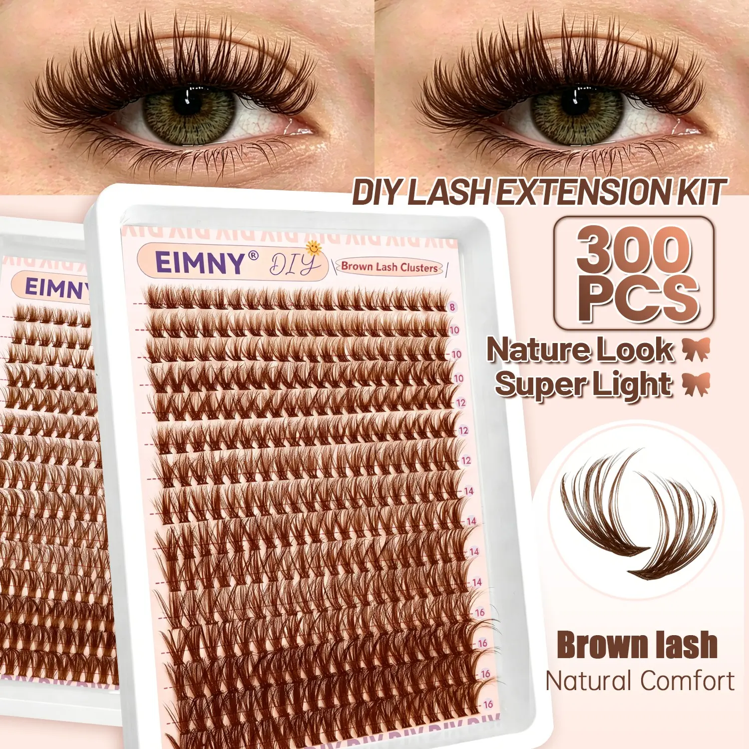 300 Pcs Volume Eyelashes, 50D D Curl Coffee Cat Eye False Lashes, Natural Dense Soft Fan Segmented, DIY Self-Adhesive, Daily Makeup