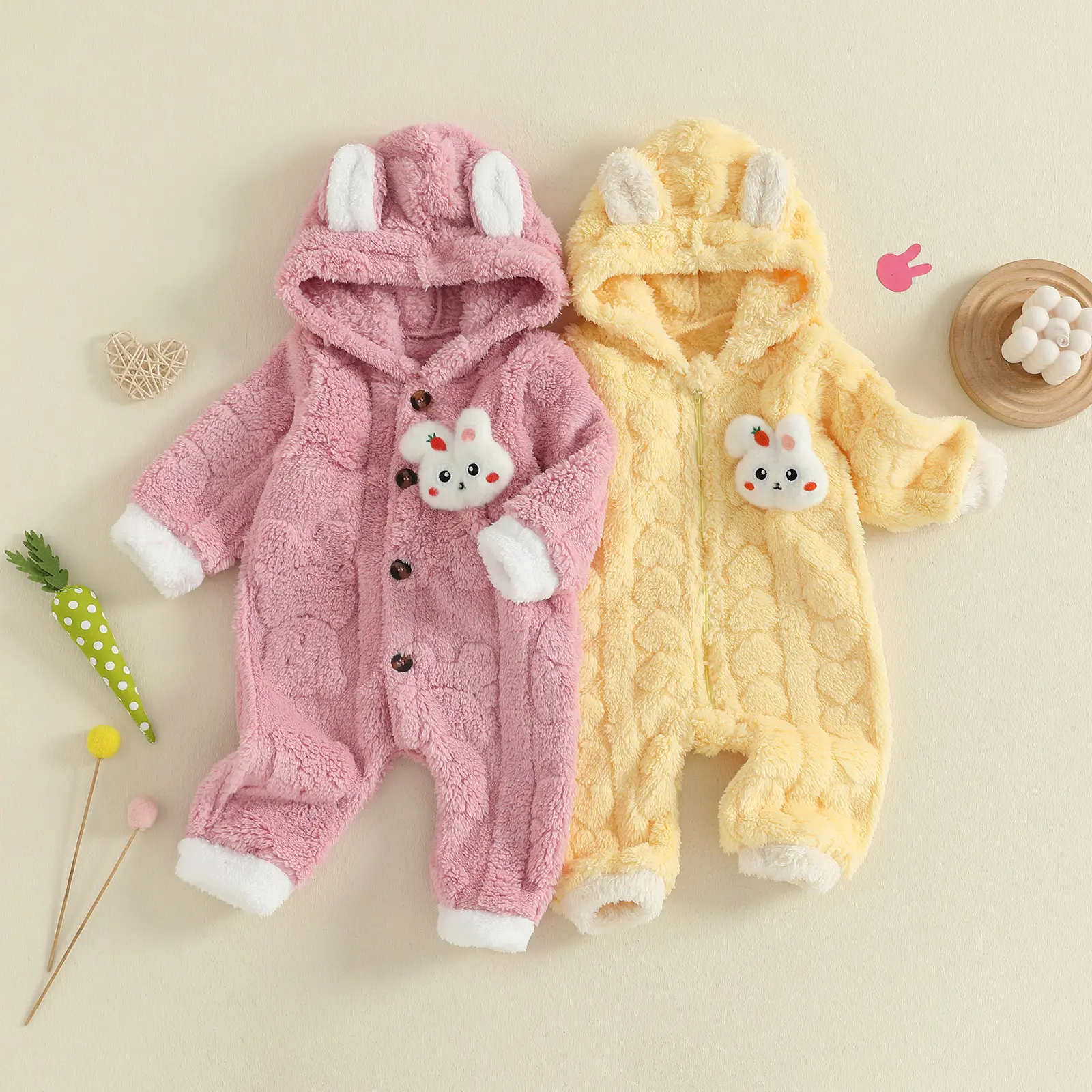Newborn Baby Fleece Jumpsuit Unisex Infant Bear Hooded Onesie with Mitten Cuffs Winter Warm Snowsuit Outfit