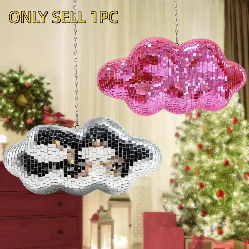 Retro Reflective Cloud Shaped Design Disco Ball Mirror Hanging Decoration Cute Silver Pink Party Props With Chain Vintage Room Aesthetic Ornament For Wedding Stage Home Ceiling Nursery, Decorative Home Accessory, Home Decor Items