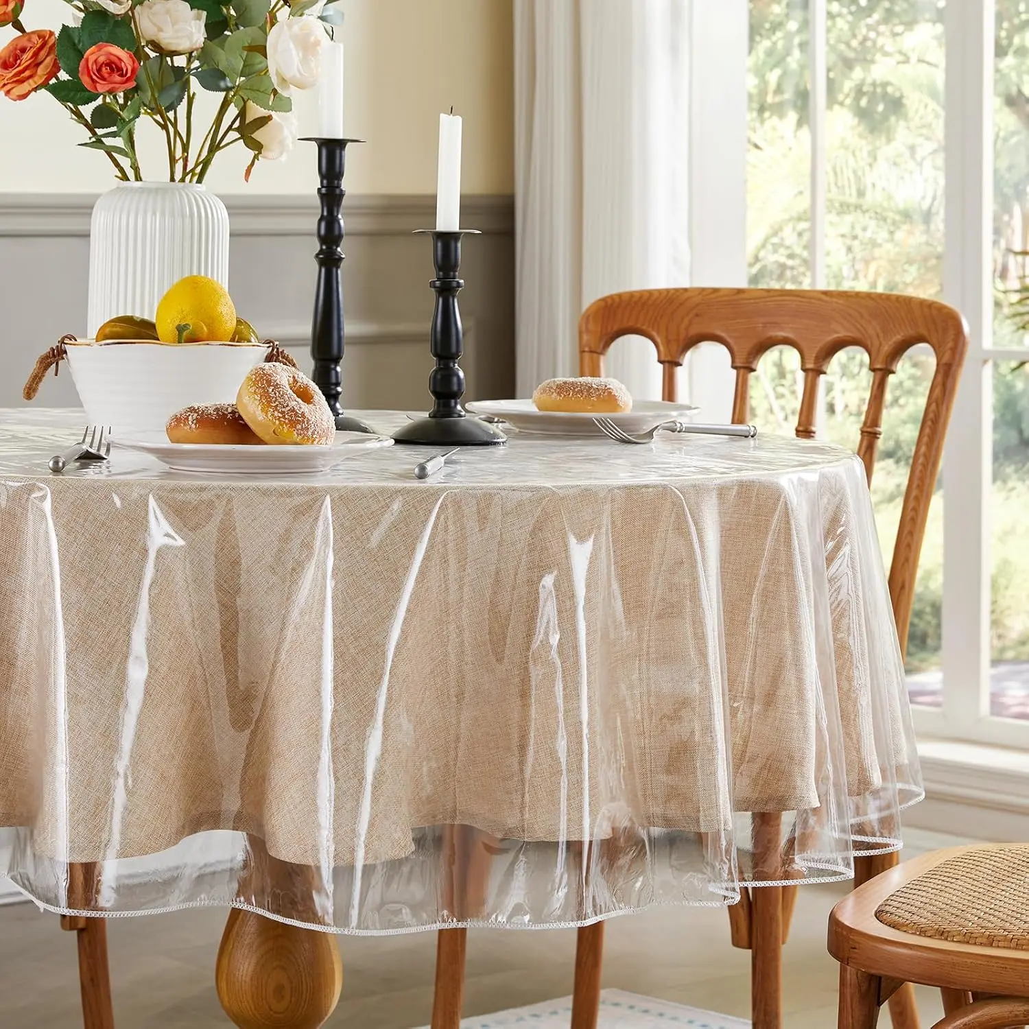 Clear Tablecloth Round Vinyl Transparent PVC Table Cloth 100% Waterproof Oil-Stain Resistant Wipeable Table Protector Cover for Dinning Table, 60-Inch Round.